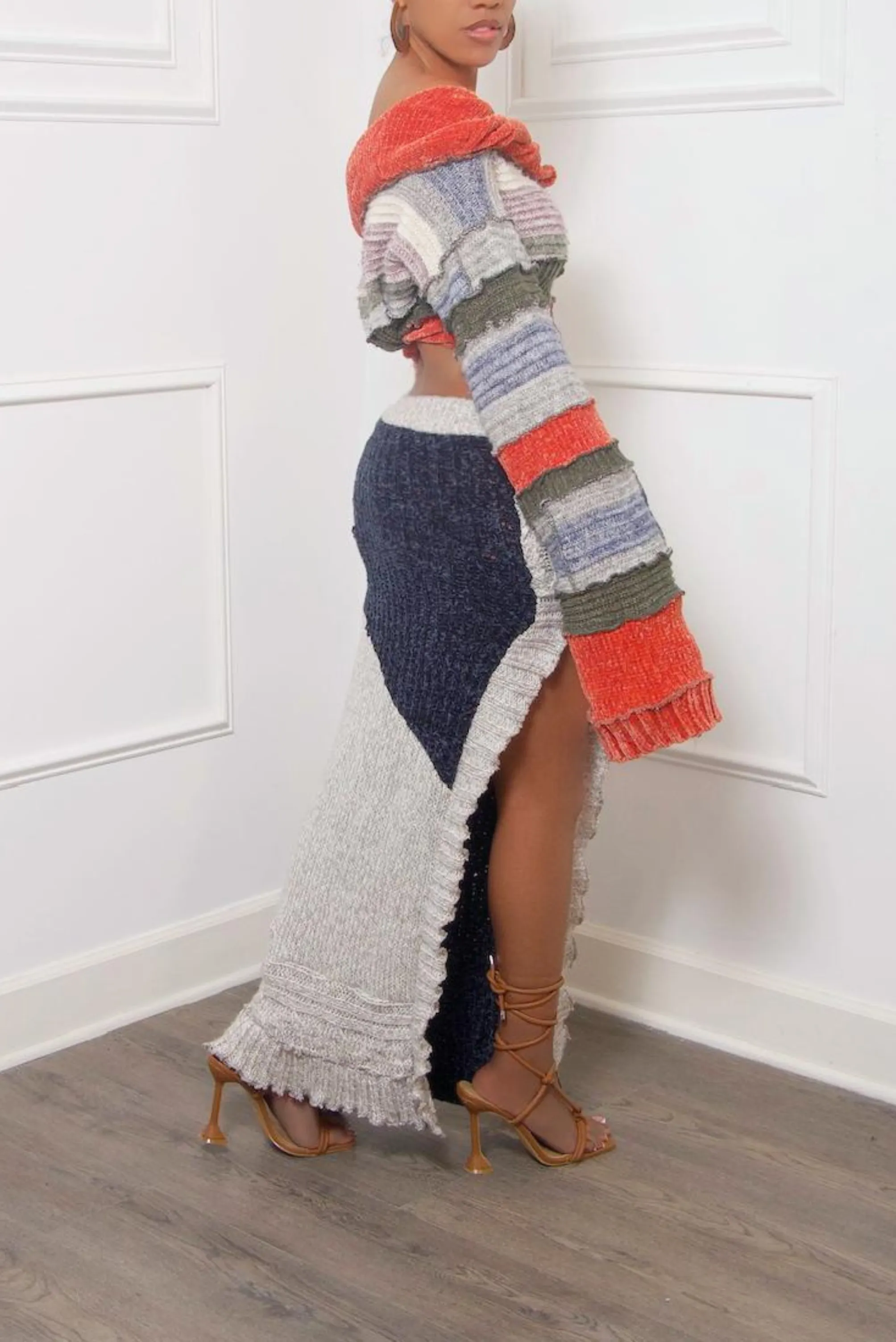 1 Cream & Off Black Mix Split Upcycled Sweater Skirt (S/M)