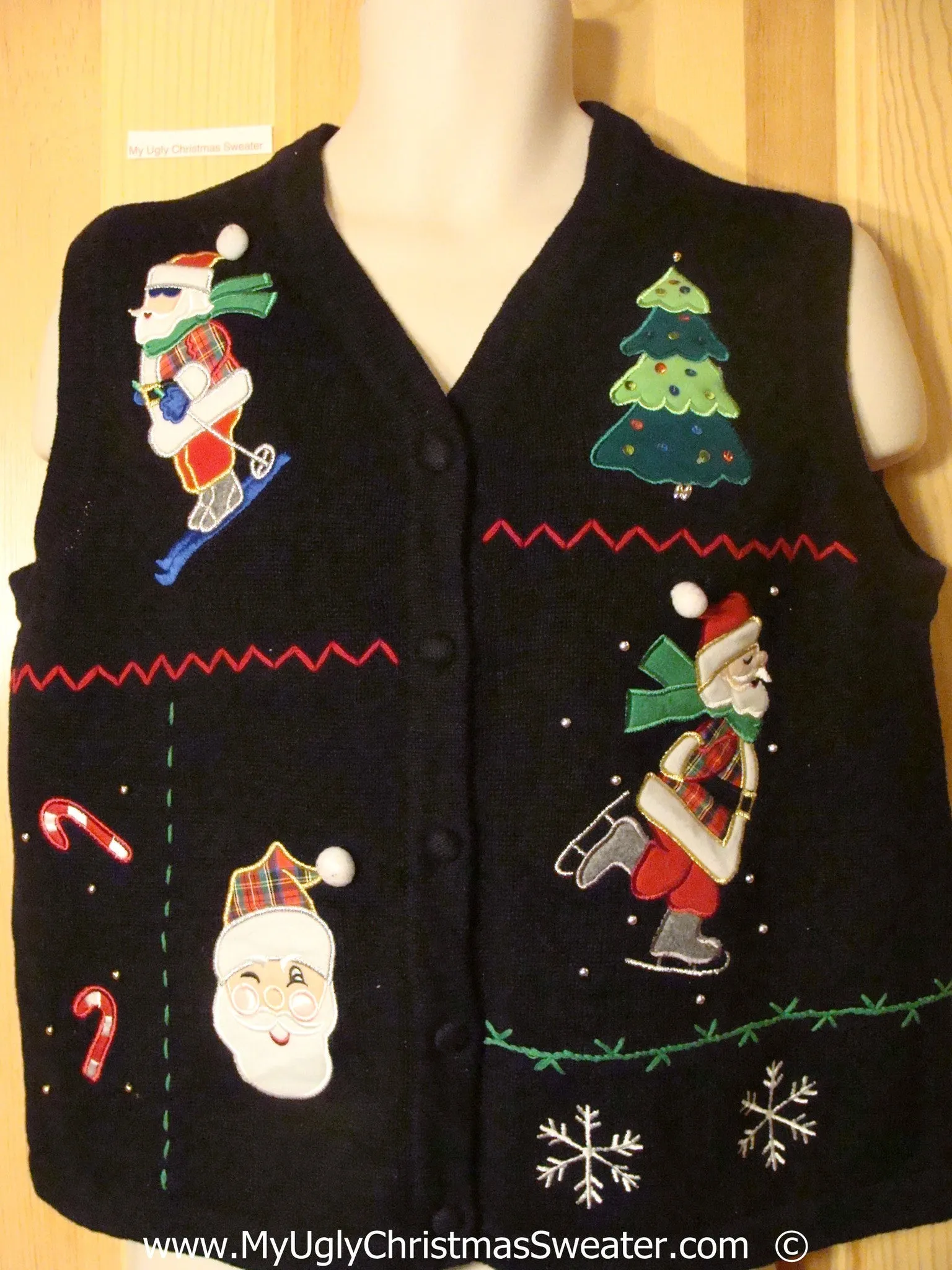 Black Christmas Sweater Vest with Santa Skiing