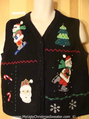 Black Christmas Sweater Vest with Santa Skiing