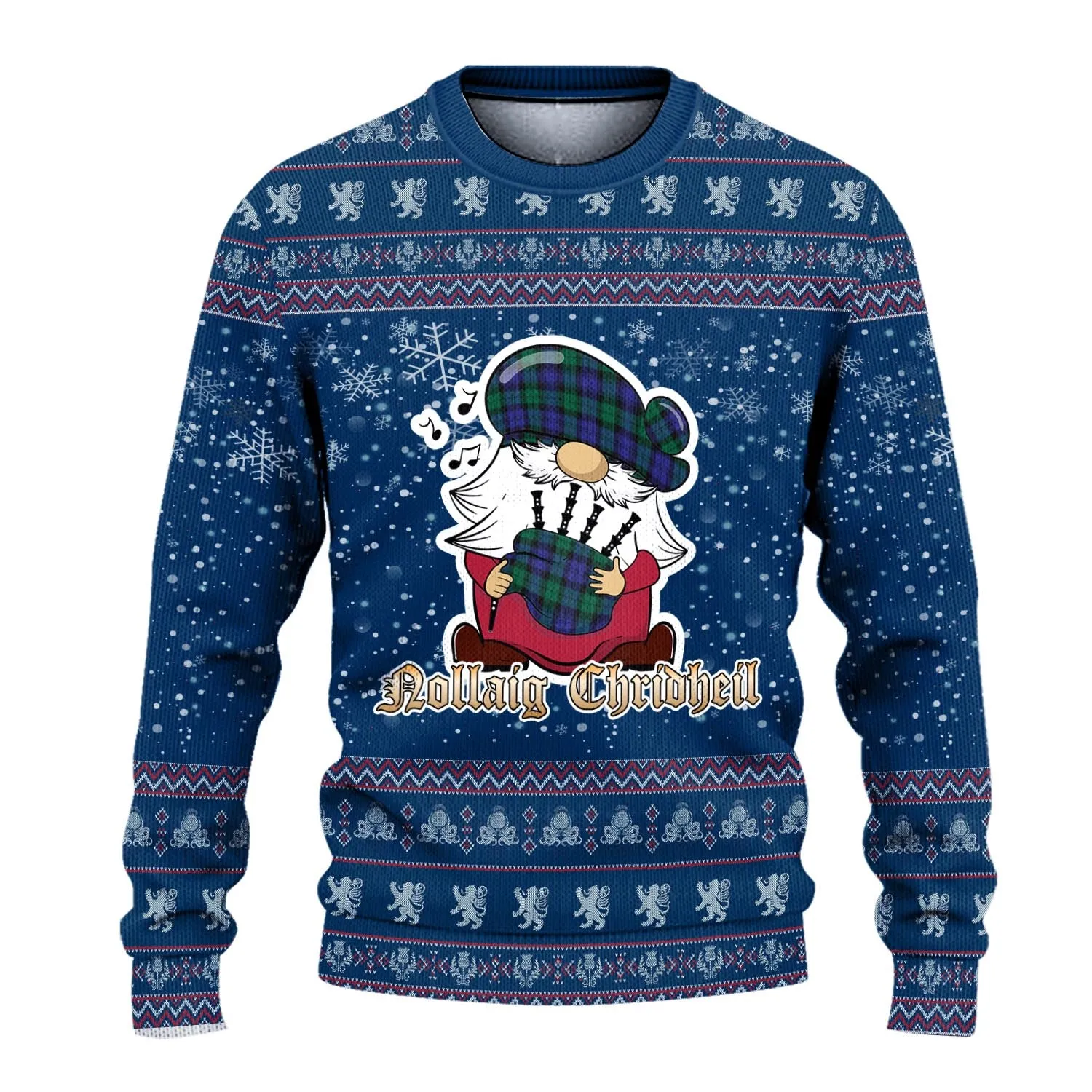 Black Watch Modern Clan Christmas Family Ugly Sweater with Funny Gnome Playing Bagpipes