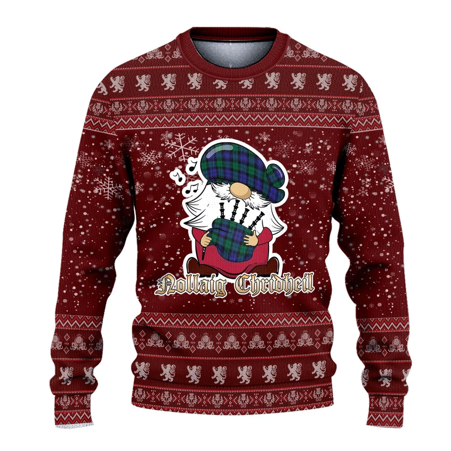 Black Watch Modern Clan Christmas Family Ugly Sweater with Funny Gnome Playing Bagpipes