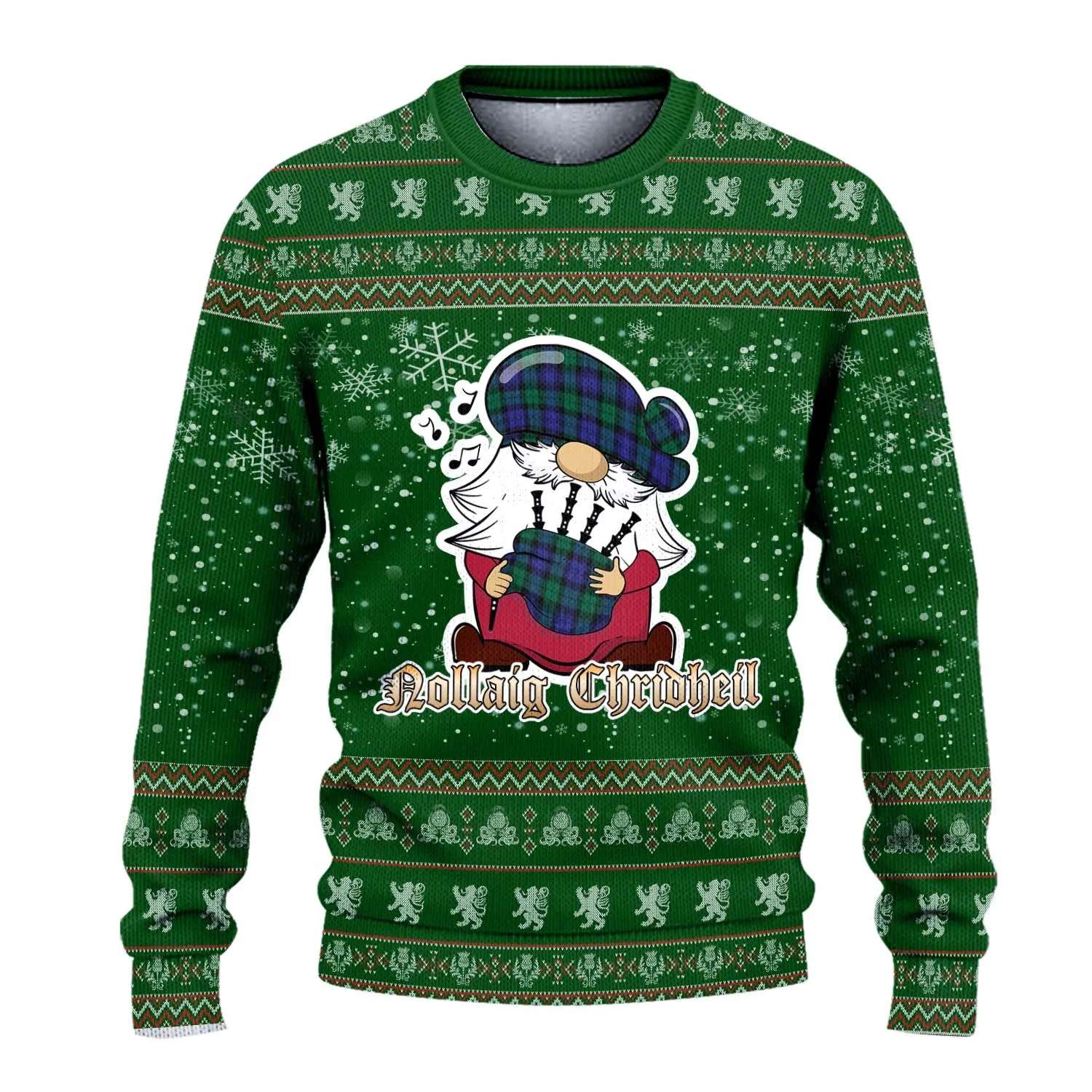Black Watch Modern Clan Christmas Family Ugly Sweater with Funny Gnome Playing Bagpipes