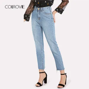 Blue Casual Solid Frayed Hem Denim Jeans Autumn Ripped High Waist Jeans Female Pants Spring Boyfriend Jeans
