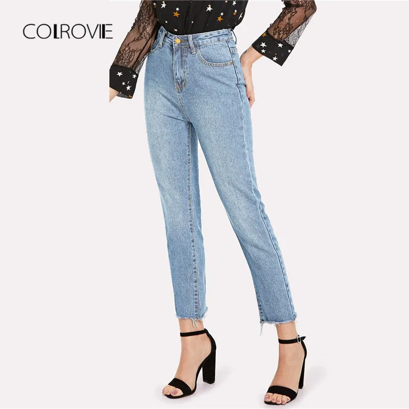 Blue Casual Solid Frayed Hem Denim Jeans Autumn Ripped High Waist Jeans Female Pants Spring Boyfriend Jeans