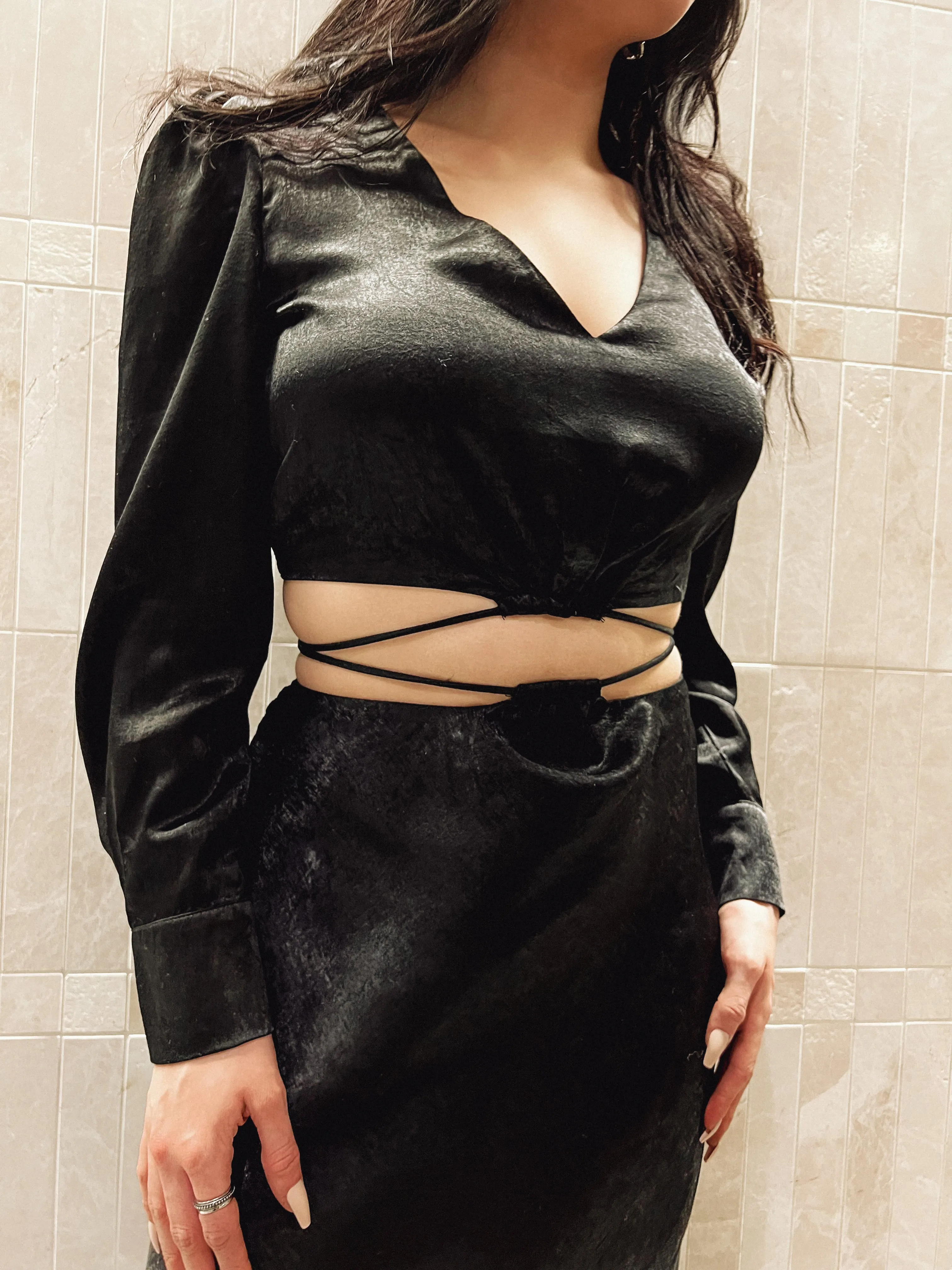 Calliope Black Satin Skirt Set
