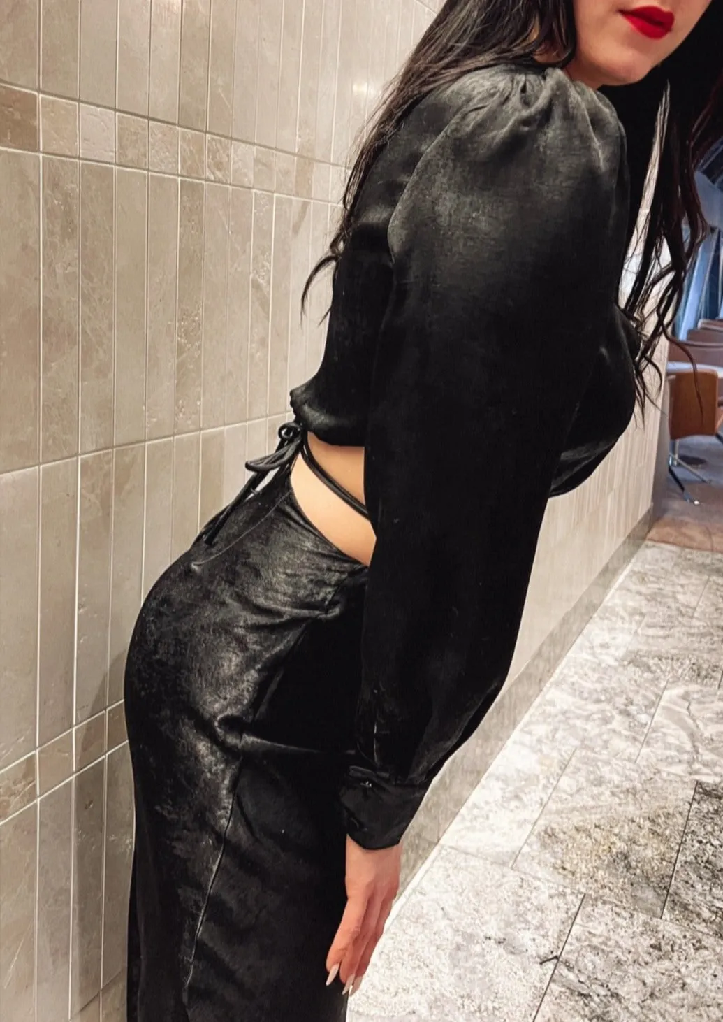 Calliope Black Satin Skirt Set