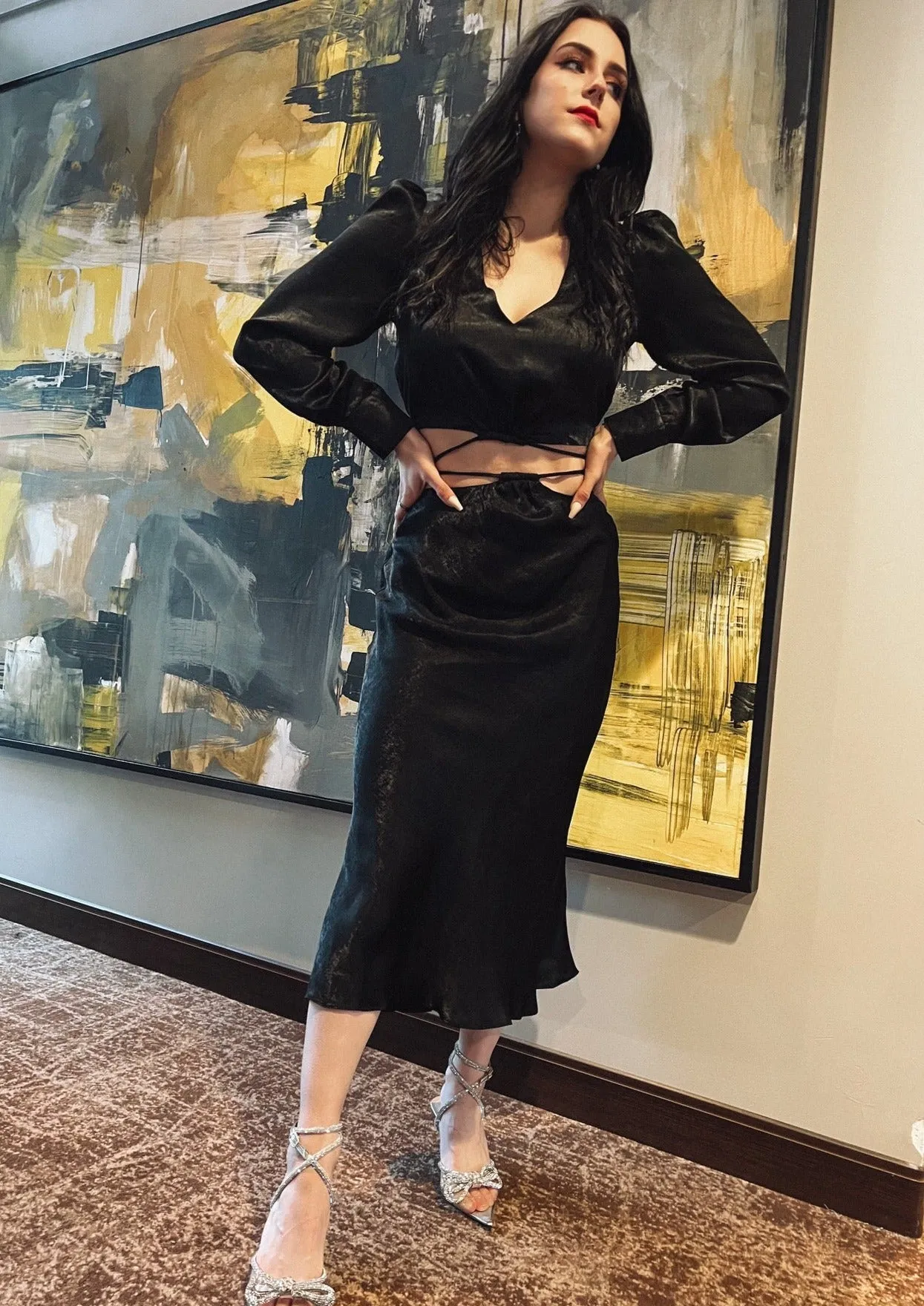Calliope Black Satin Skirt Set