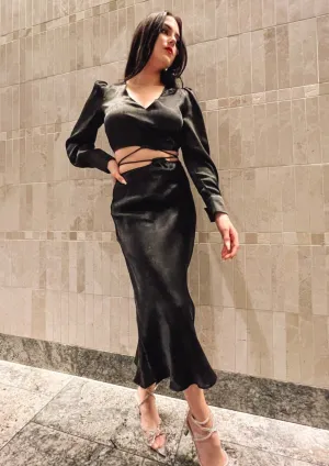 Calliope Black Satin Skirt Set