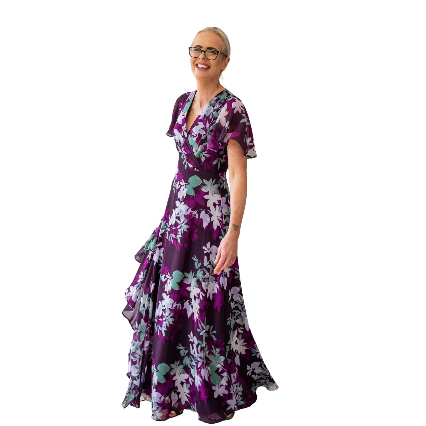 CALVIN KLEIN Women's Aubergine Flutter Sleeve Maxi Dress