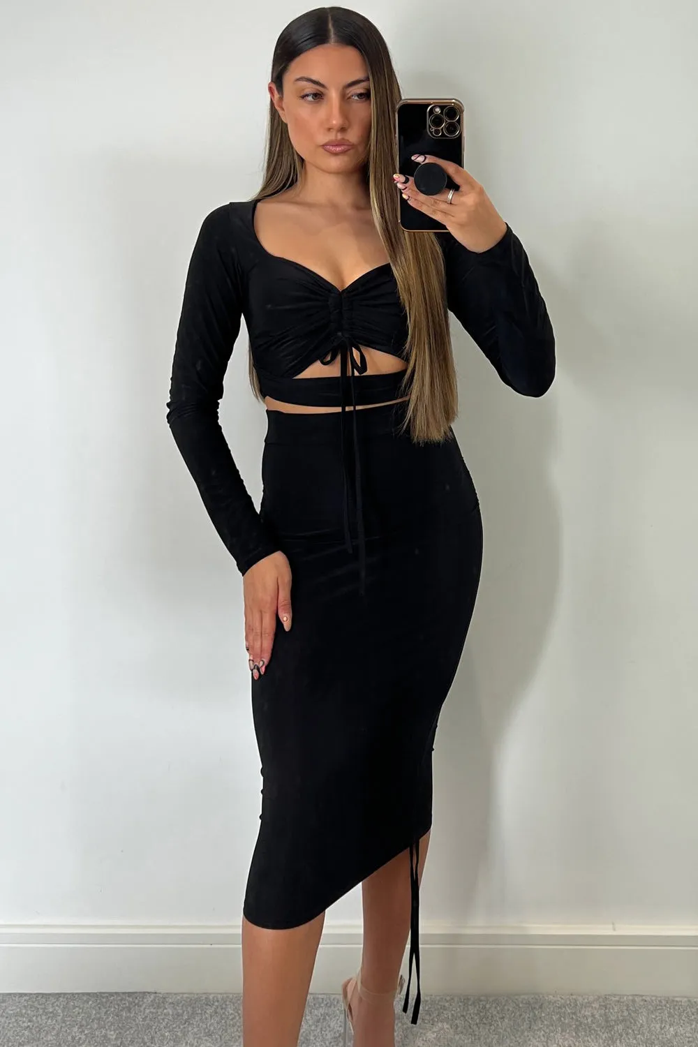 Carla Black Cut Out Ruched Crop Top & Skirt Co-Ord Set