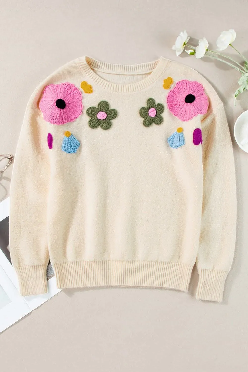 Chic floral crochet sweater