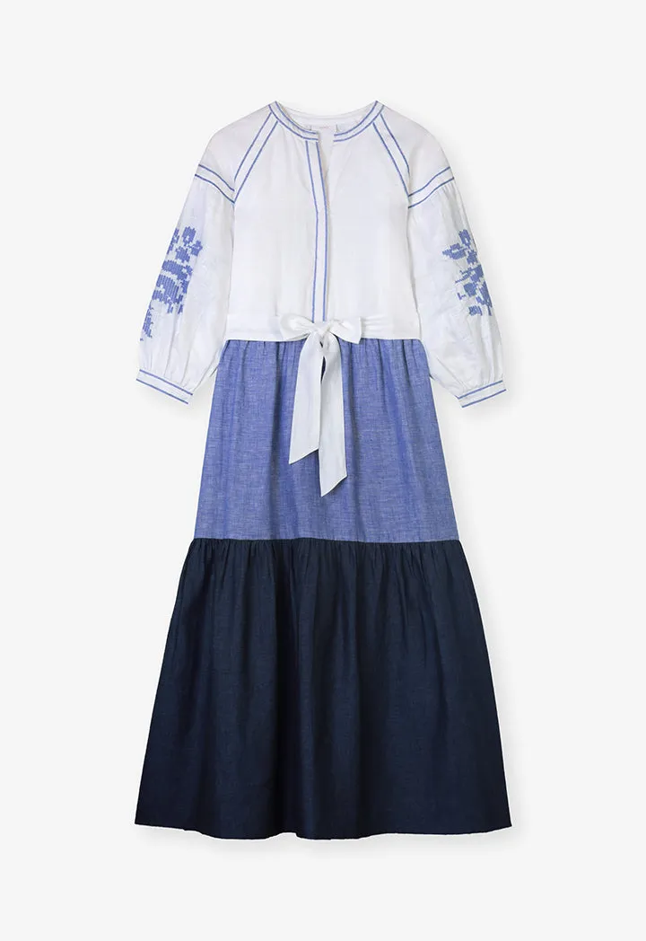 Choice Color Block Embroidered Maxi Dress Blue