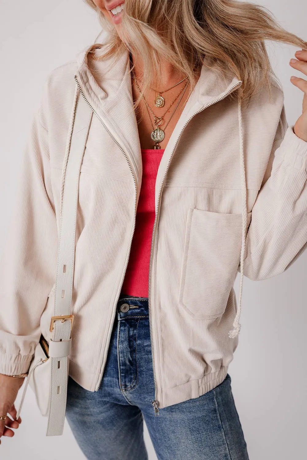 Corduroy Drawstring Hooded Jacket