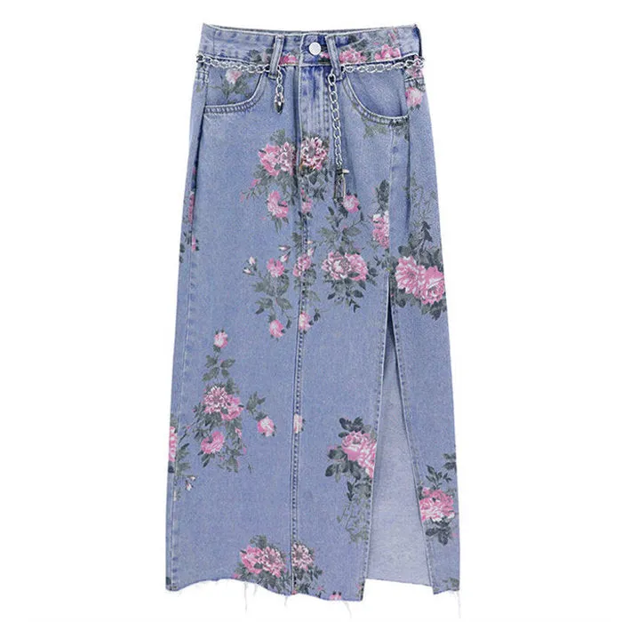Cottage Floral Long Denim Skirt