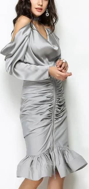 Draped Satin Blouse & Ruched Zip Skirt Set - Grey or Black