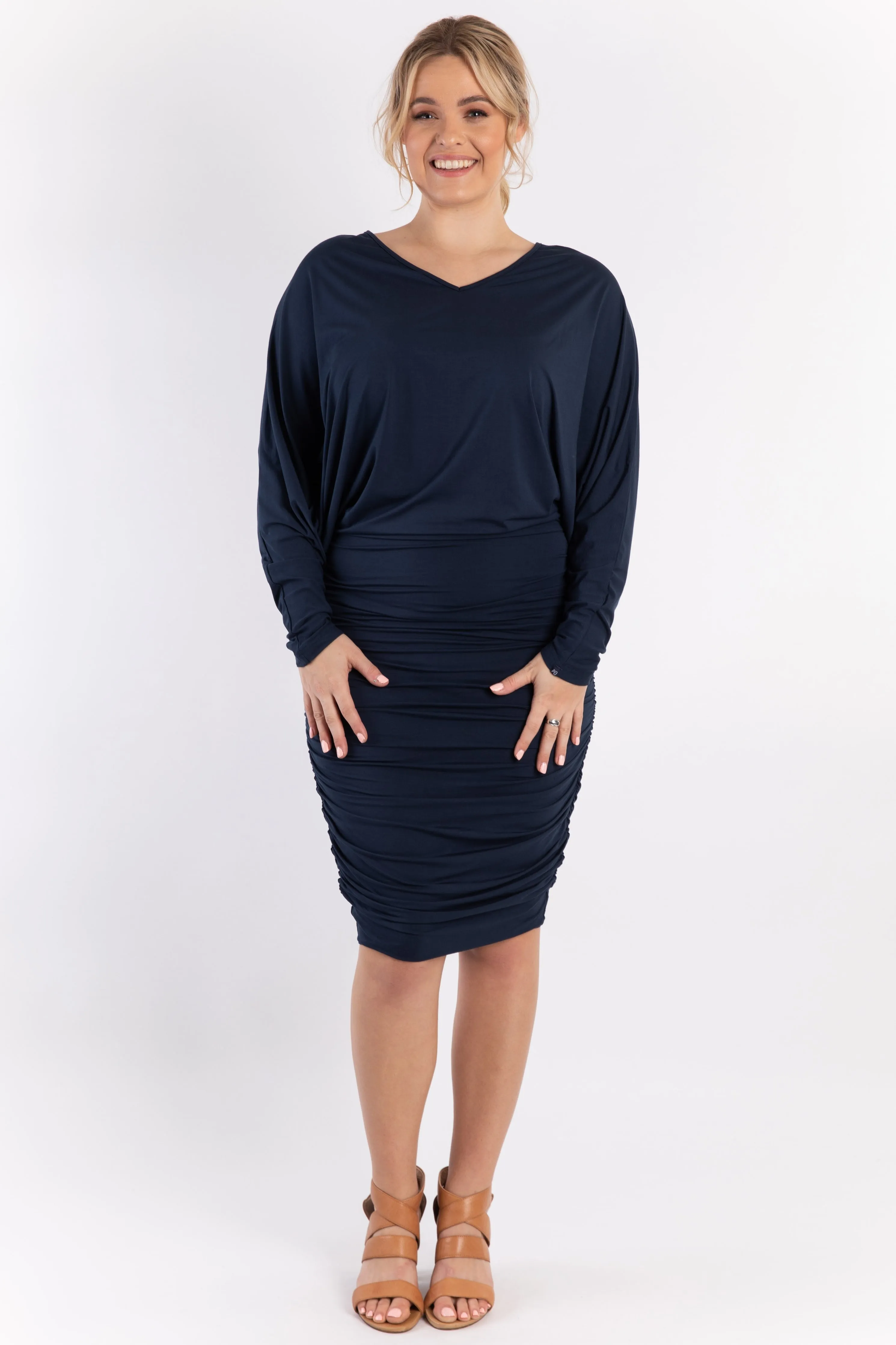 FINAL SALE Ruche Dress in Navy