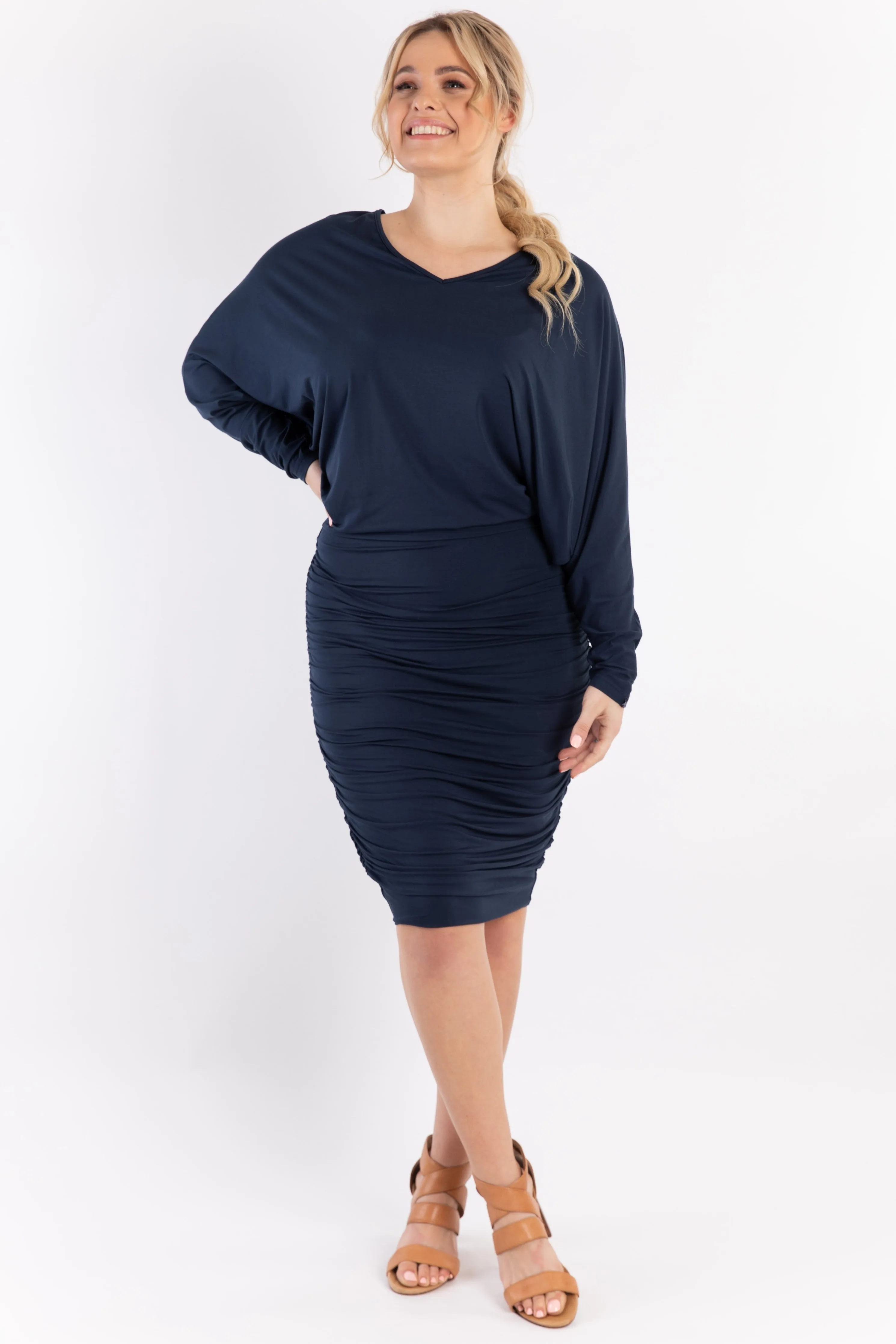 FINAL SALE Ruche Dress in Navy