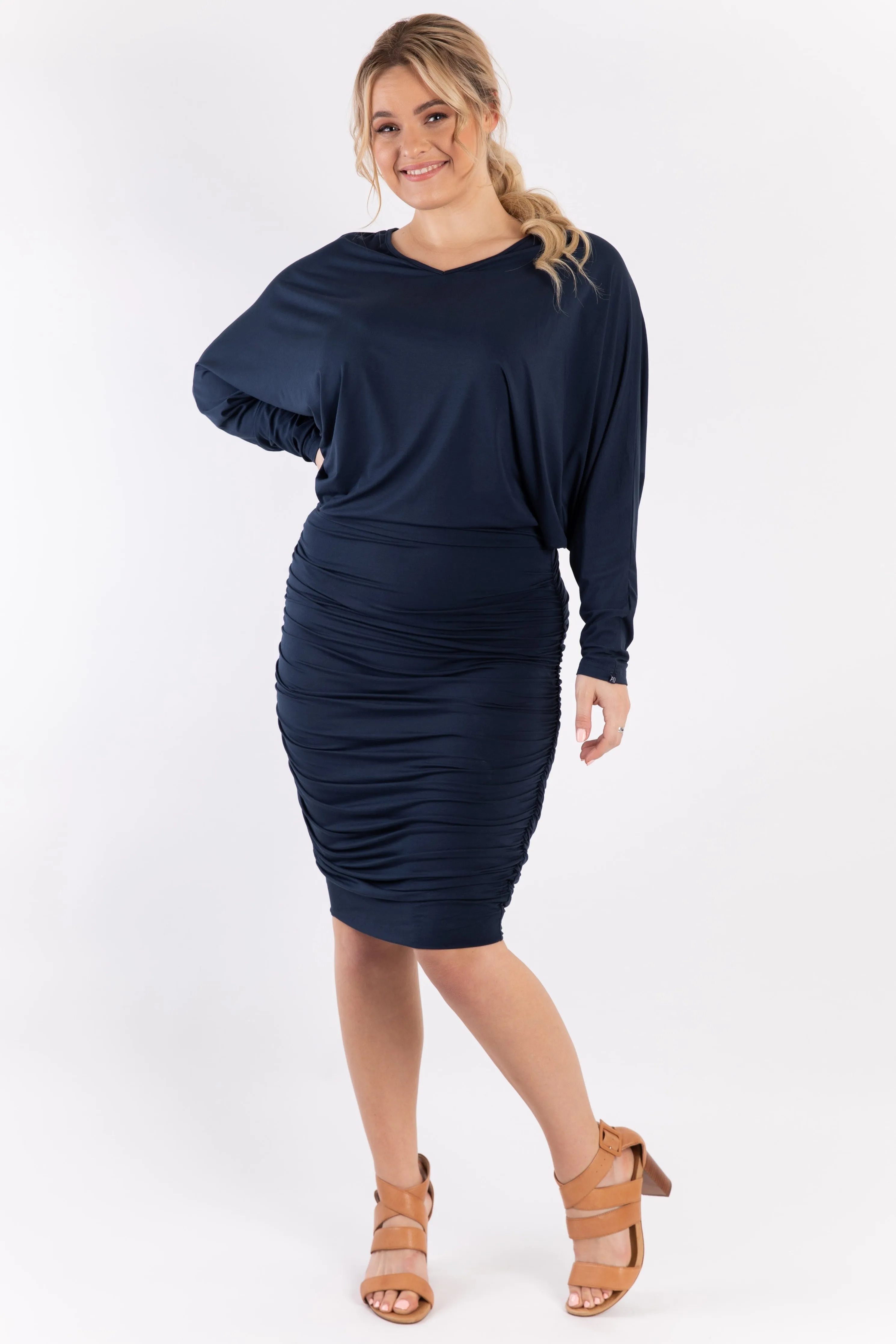 FINAL SALE Ruche Dress in Navy