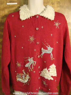 Flying Reindeer Red Ugly Christmas Sweater