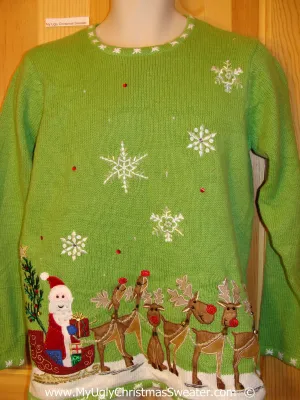 Green Festive Christmas Sweater with Santa and Reindeer