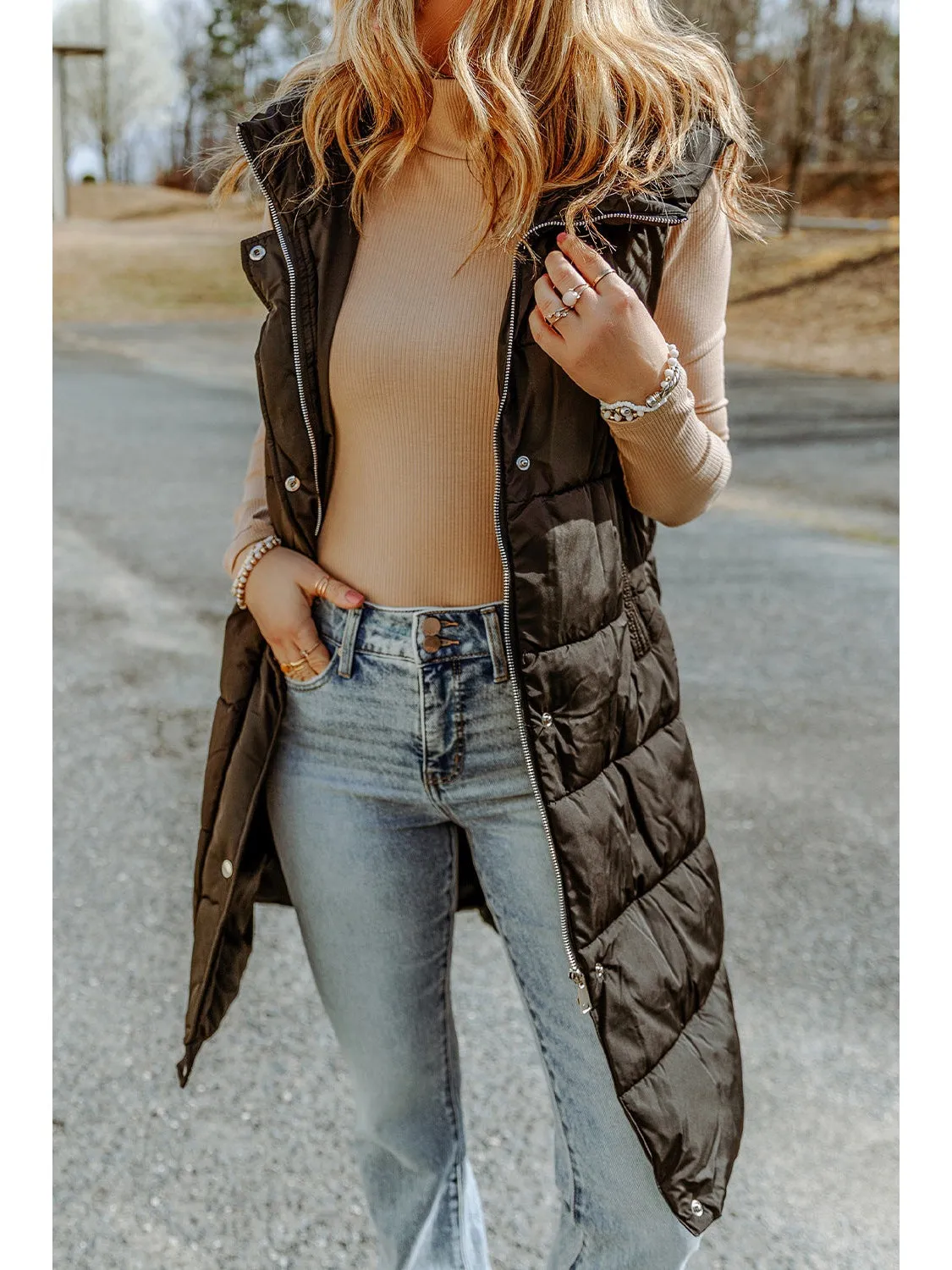 Green Hooded Pocketed Quilted Long Vest Coat