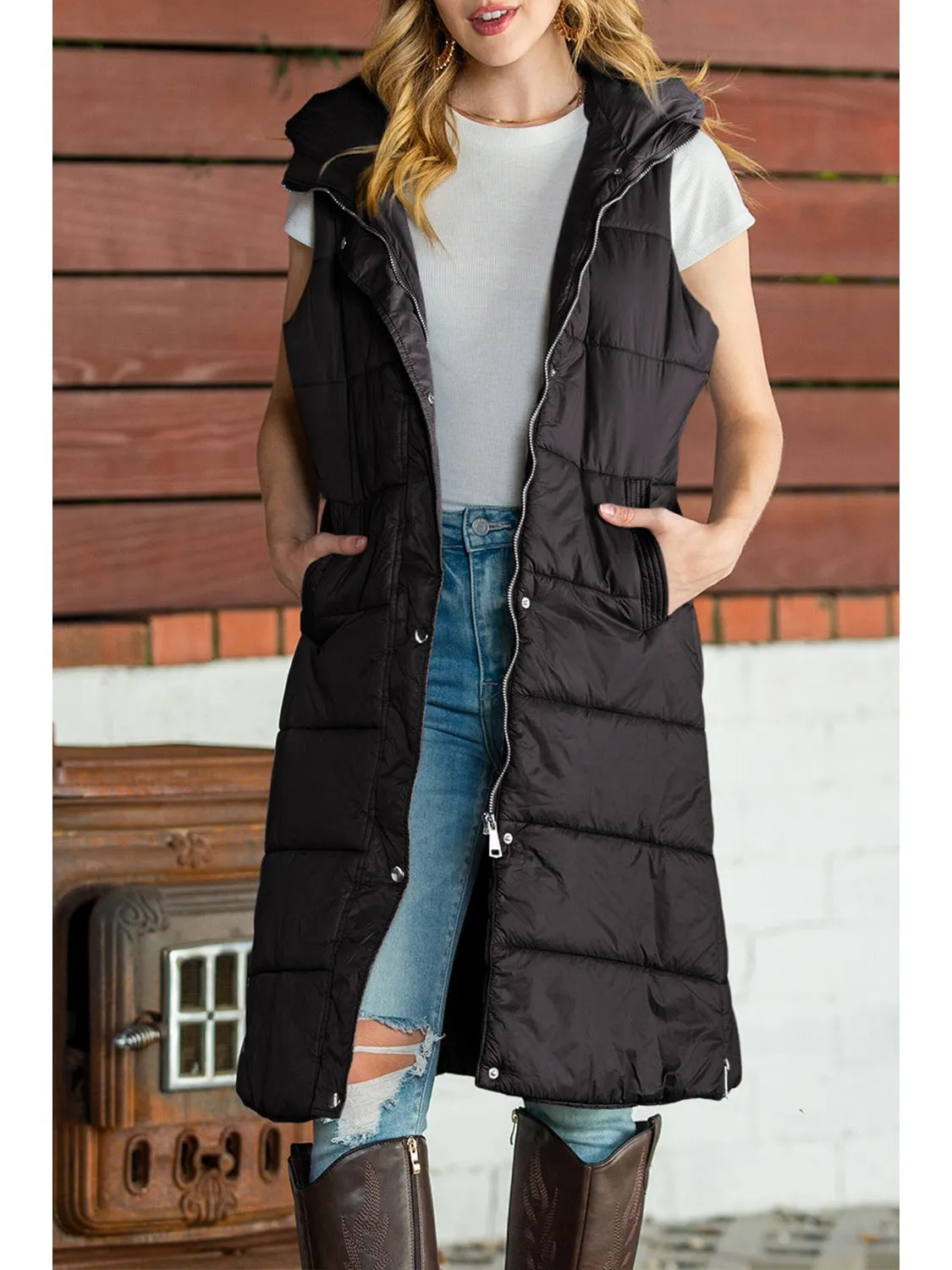 Green Hooded Pocketed Quilted Long Vest Coat