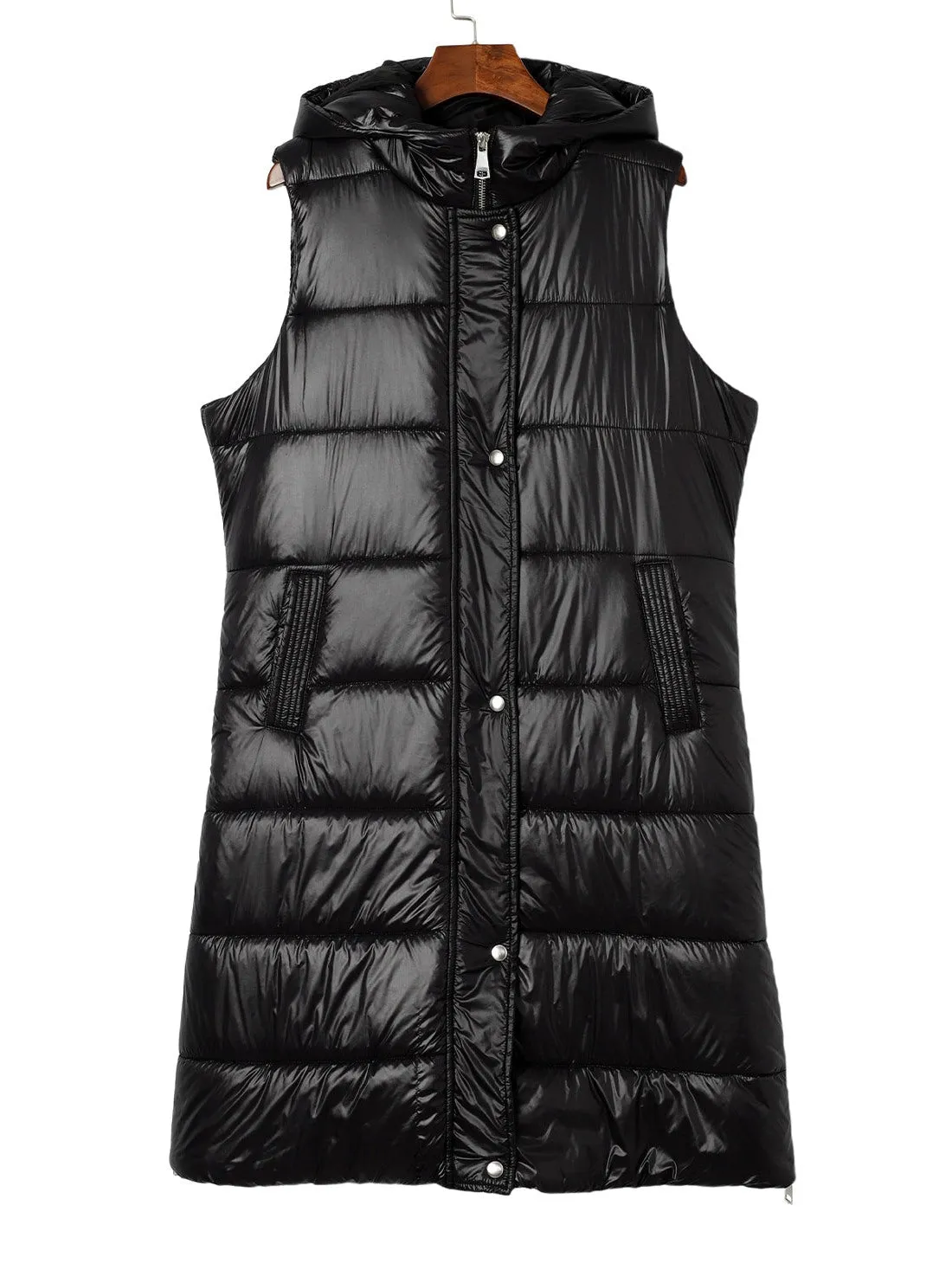 Green Hooded Pocketed Quilted Long Vest Coat