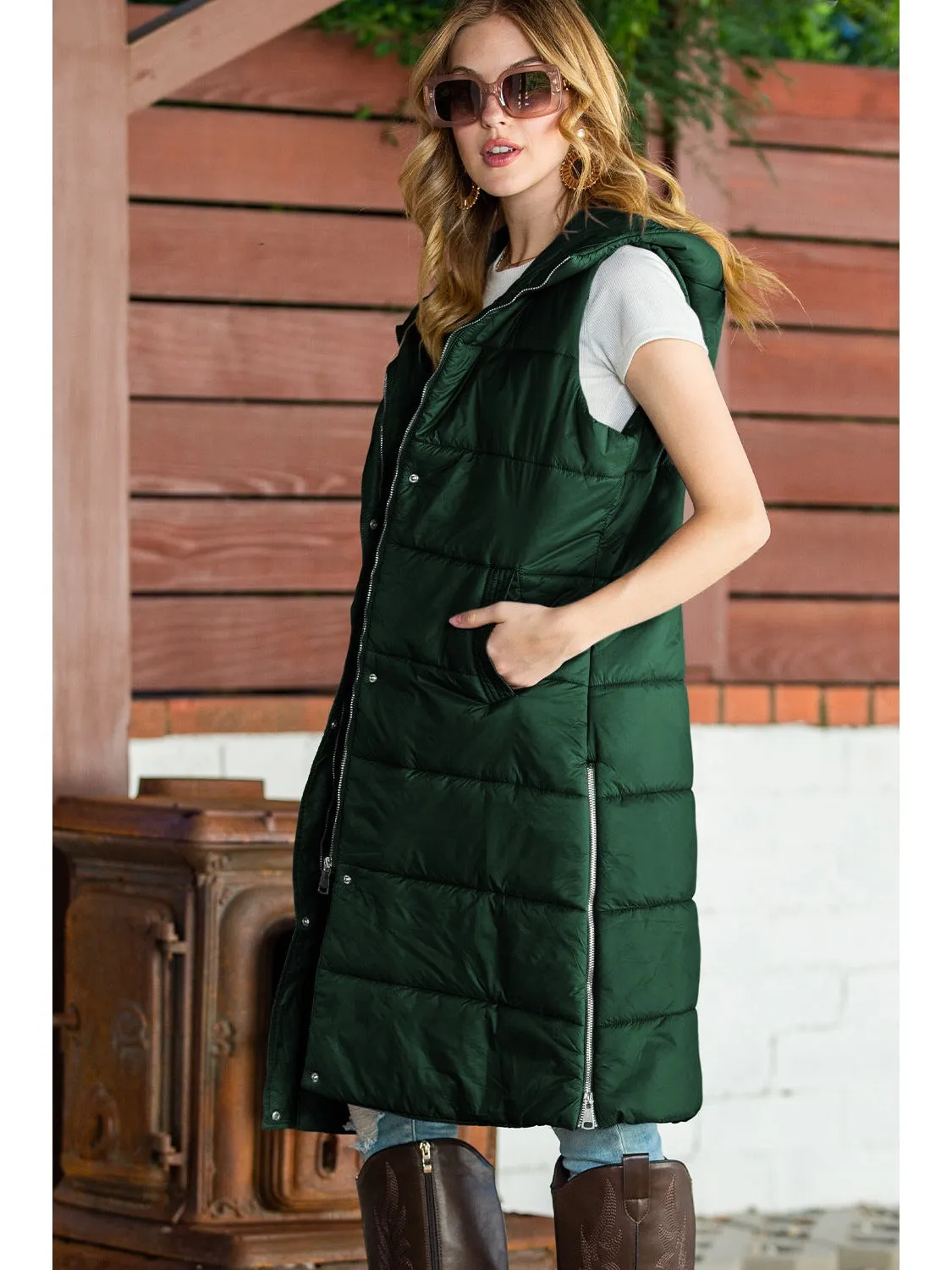 Green Hooded Pocketed Quilted Long Vest Coat
