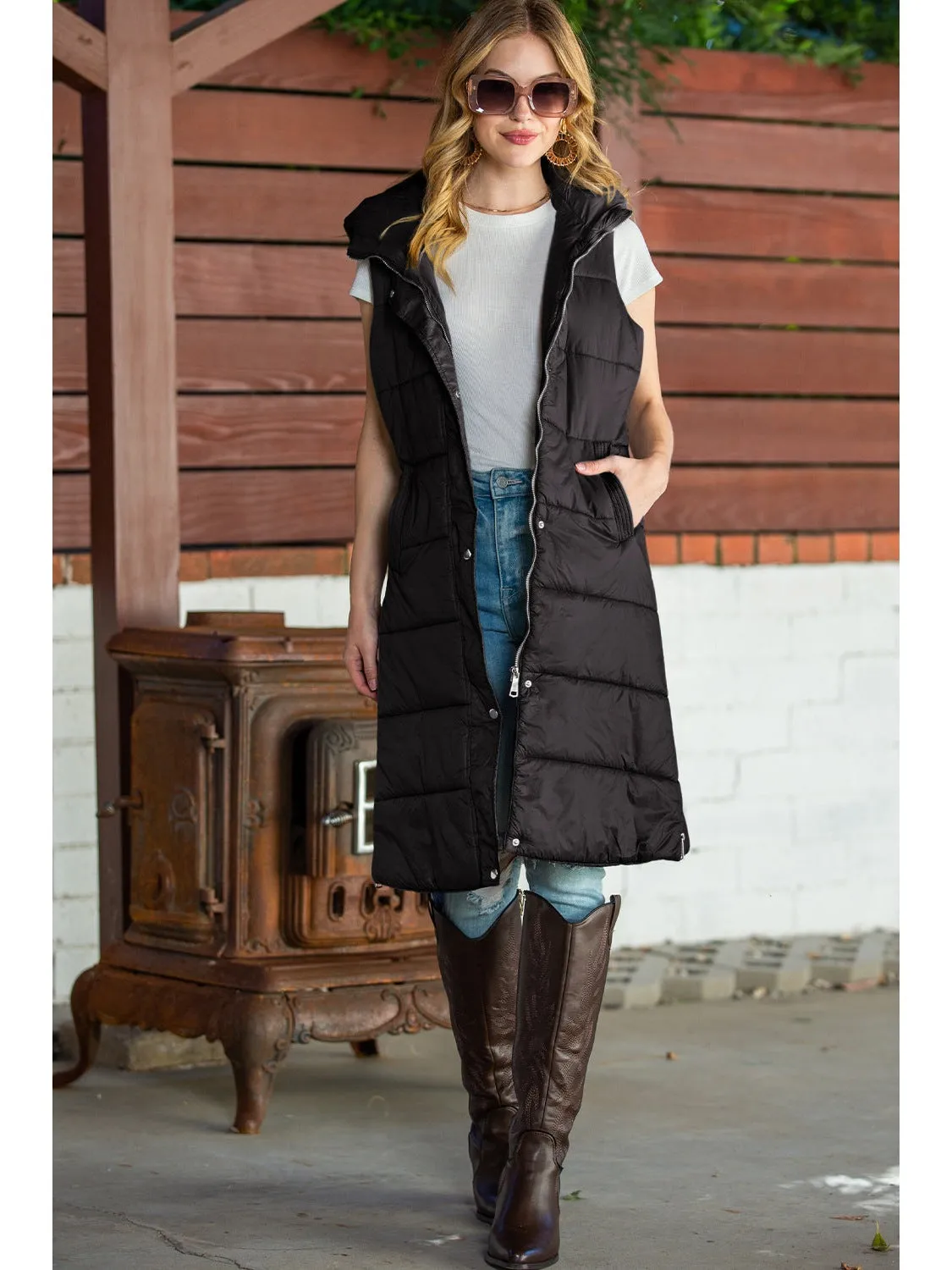 Green Hooded Pocketed Quilted Long Vest Coat