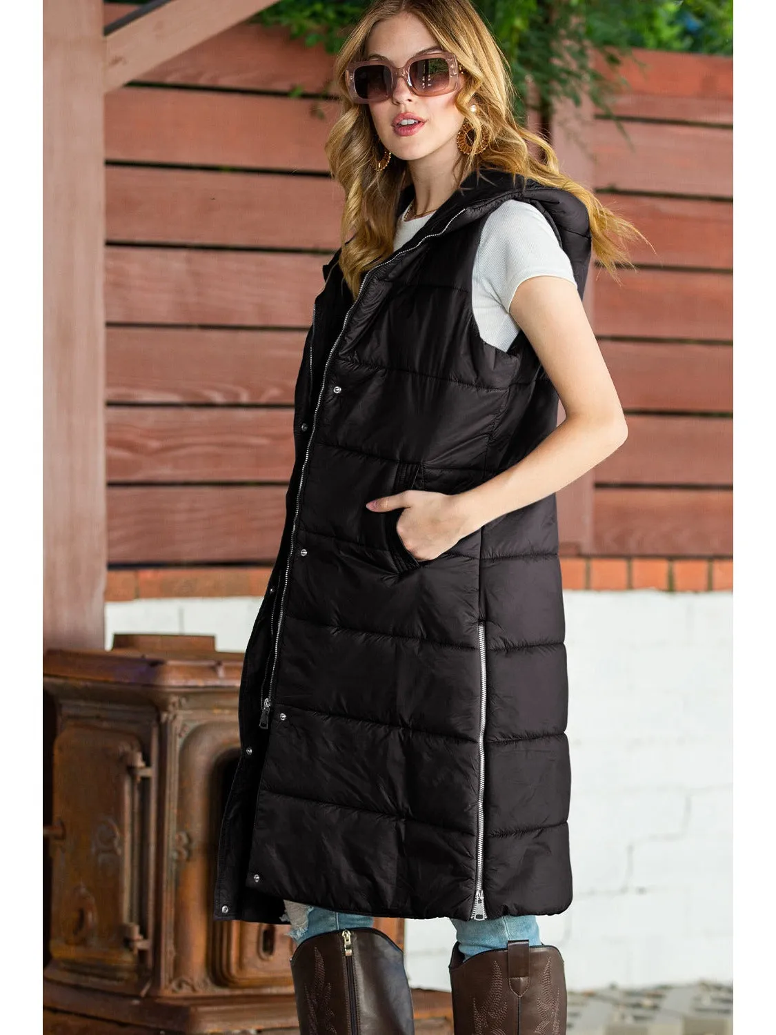 Green Hooded Pocketed Quilted Long Vest Coat