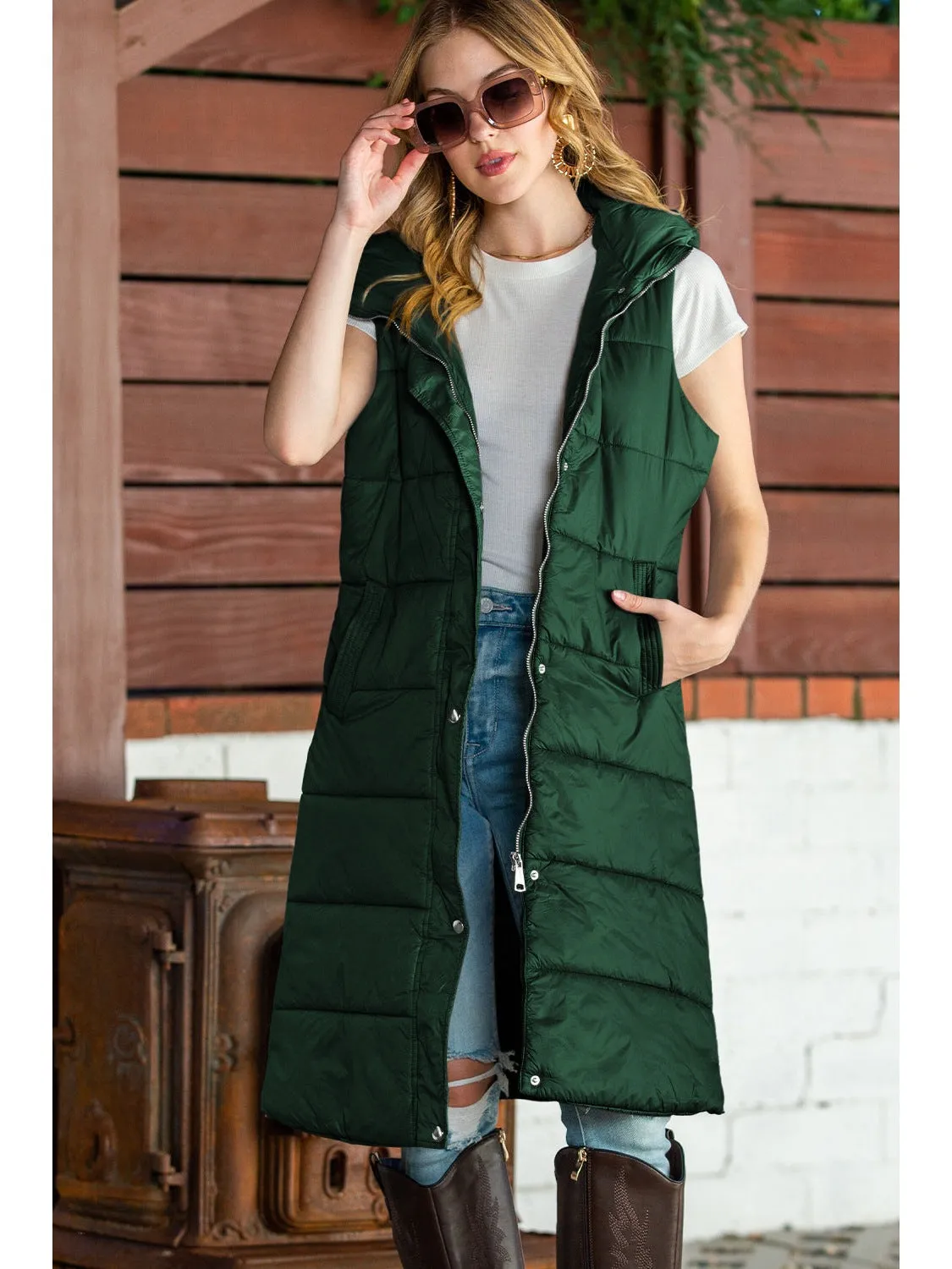 Green Hooded Pocketed Quilted Long Vest Coat