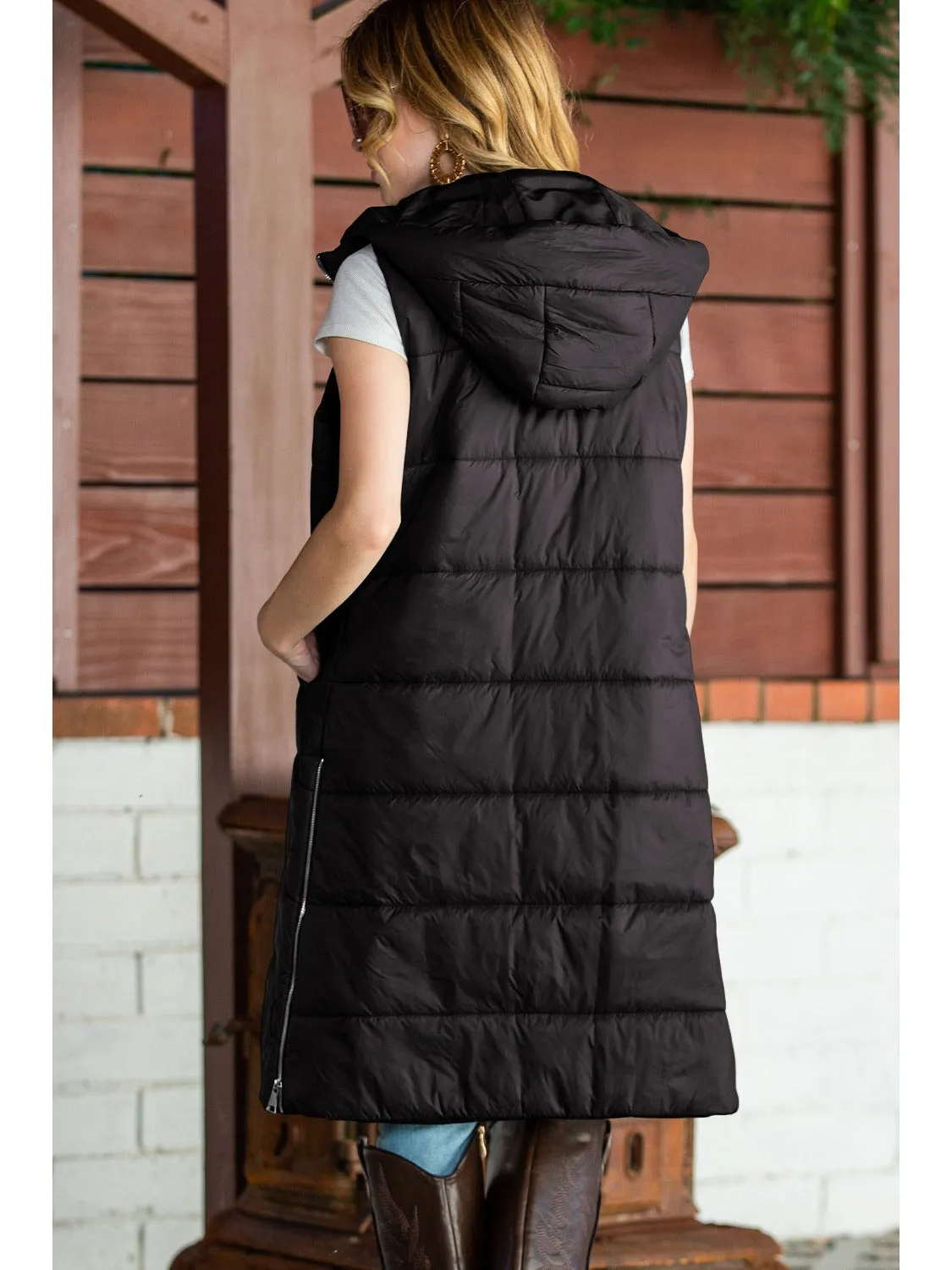 Green Hooded Pocketed Quilted Long Vest Coat