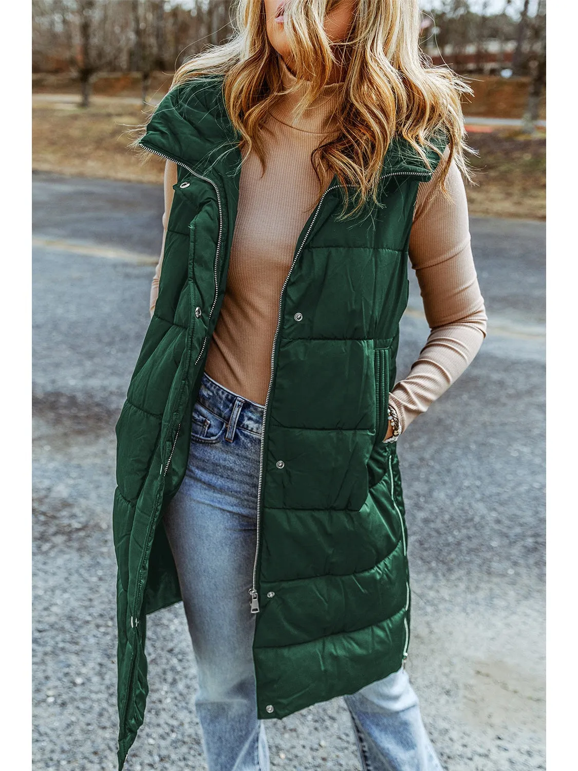 Green Hooded Pocketed Quilted Long Vest Coat