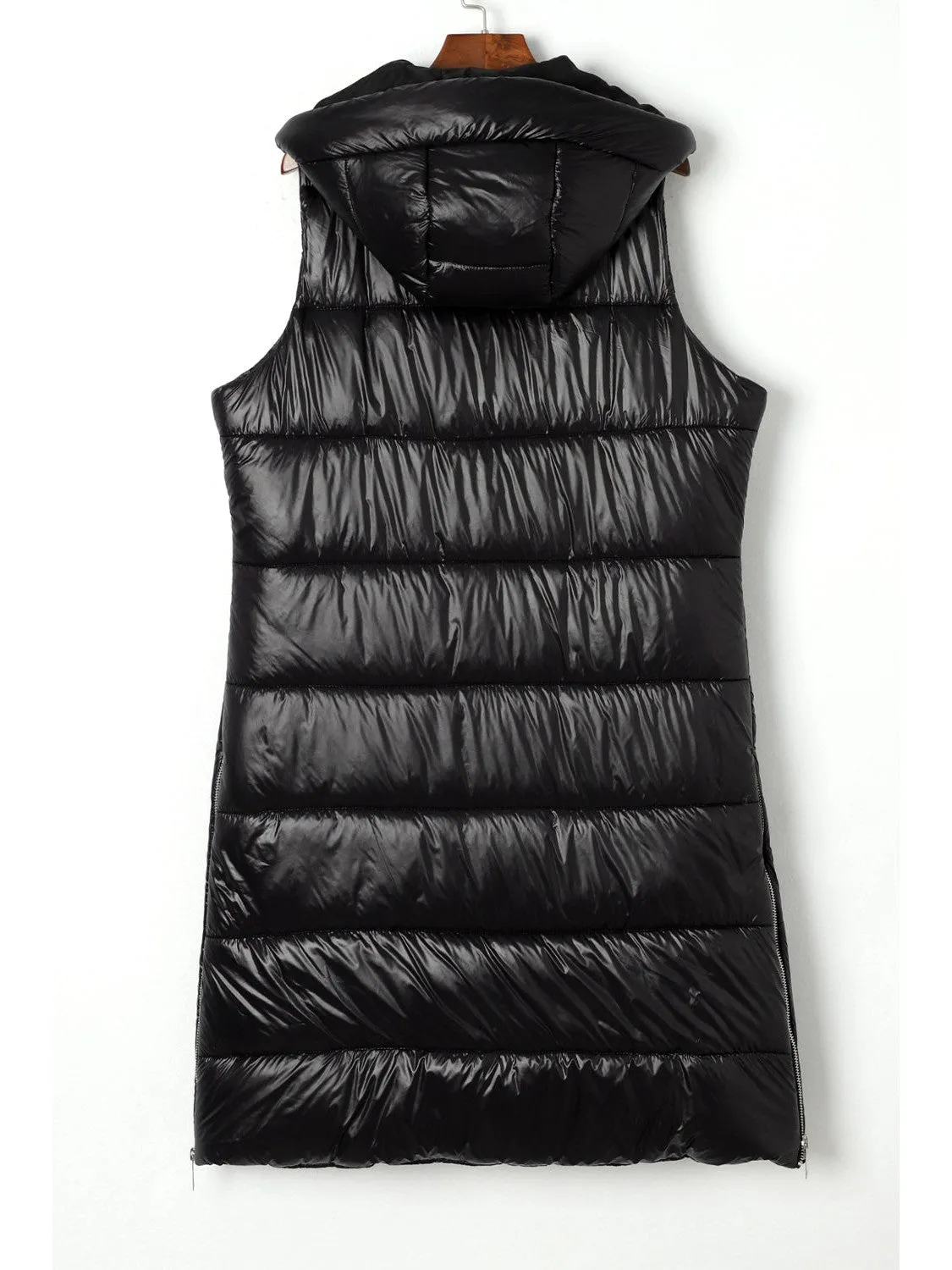 Green Hooded Pocketed Quilted Long Vest Coat