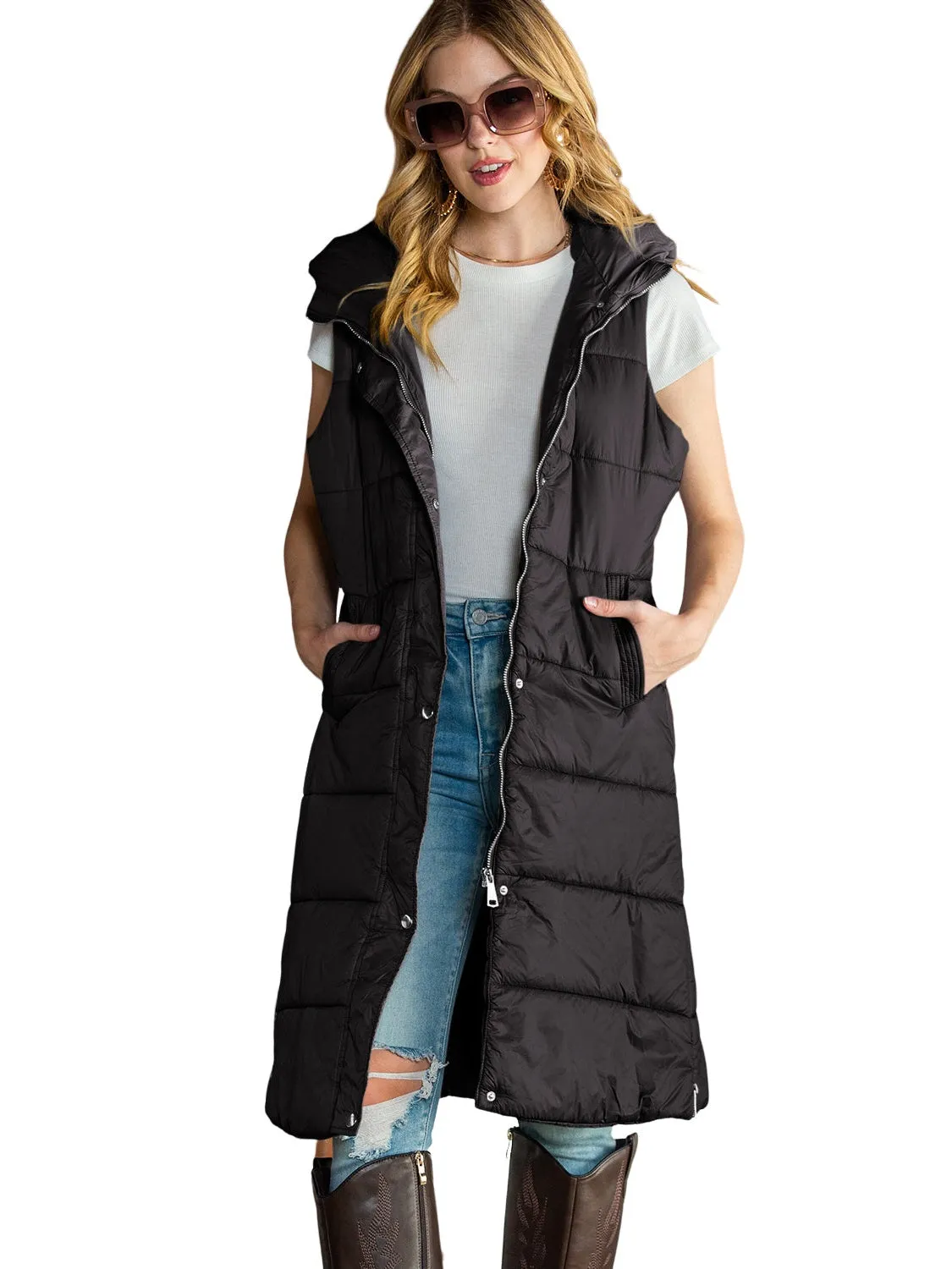 Green Hooded Pocketed Quilted Long Vest Coat