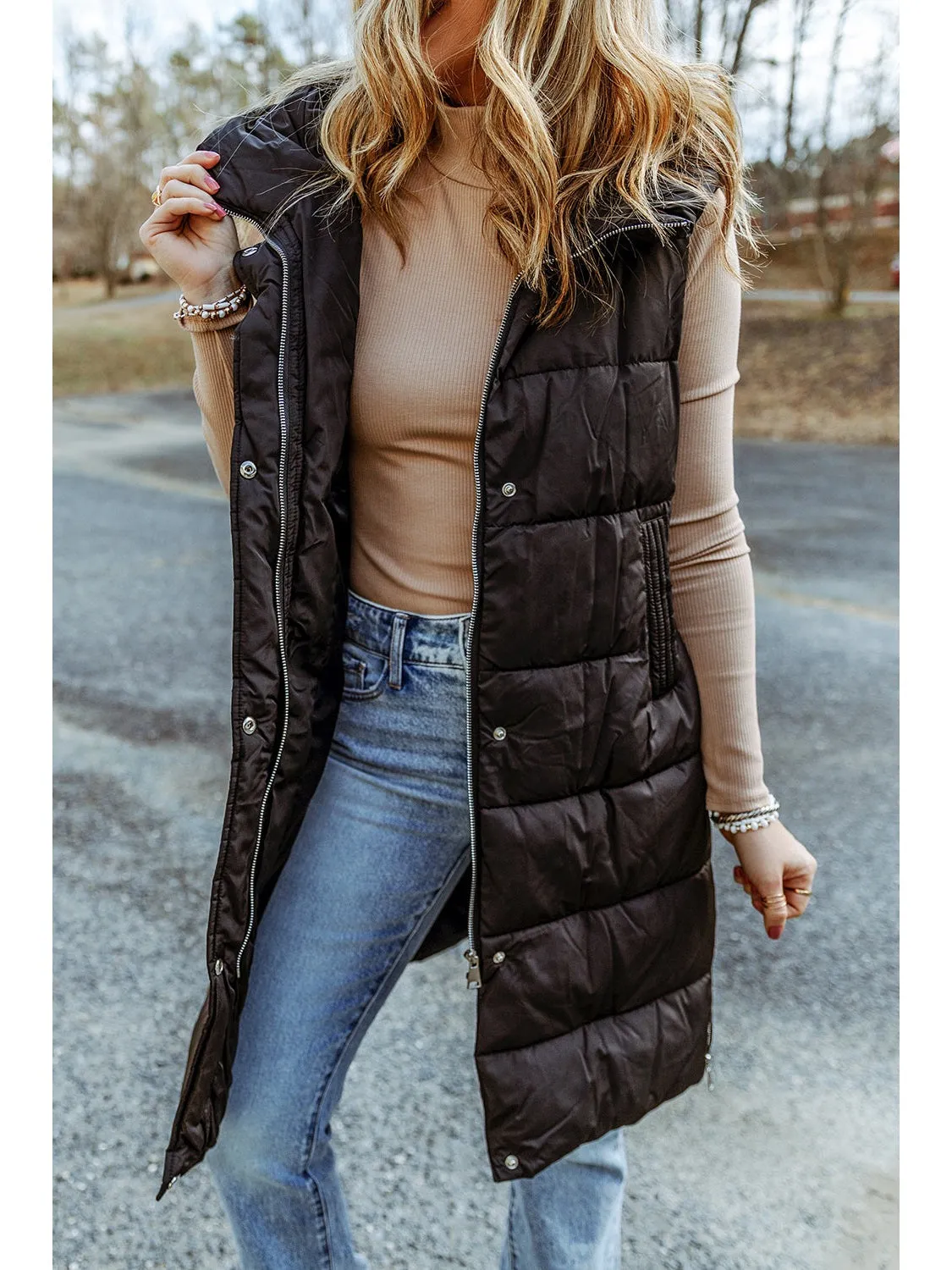 Green Hooded Pocketed Quilted Long Vest Coat