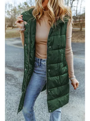 Green Hooded Pocketed Quilted Long Vest Coat