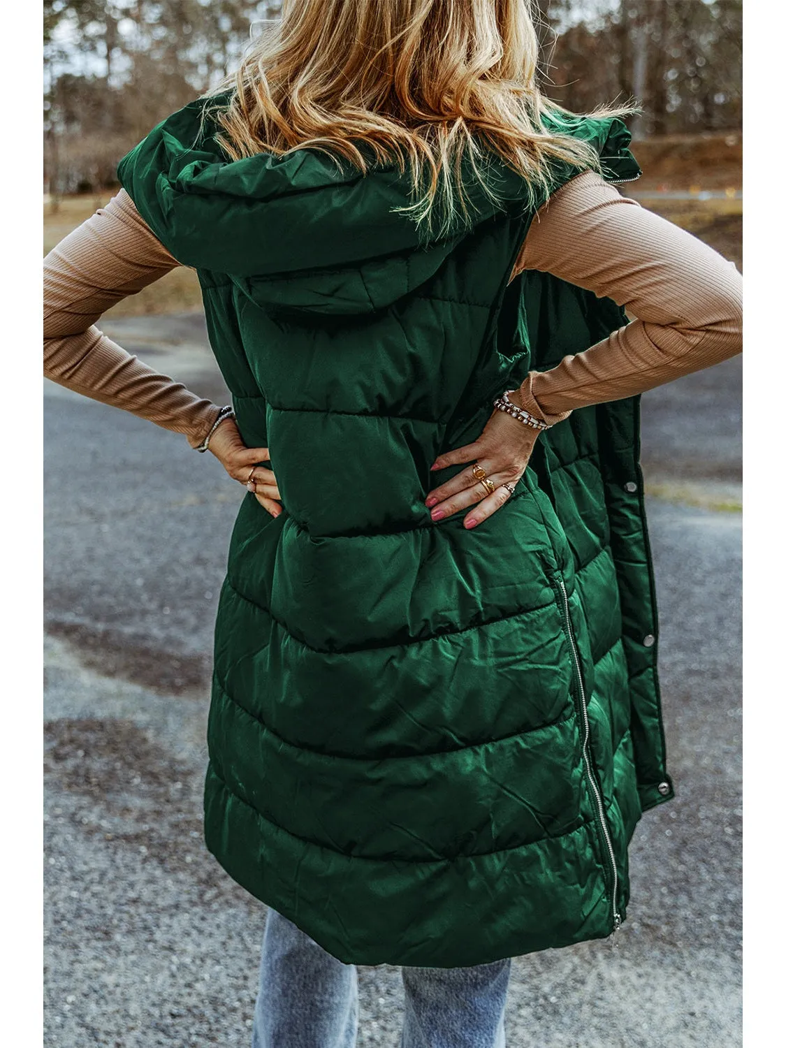 Green Hooded Pocketed Quilted Long Vest Coat