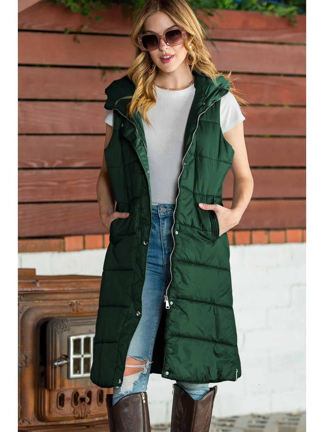 Green Hooded Pocketed Quilted Long Vest Coat
