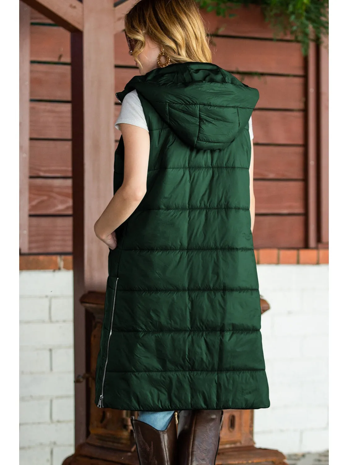 Green Hooded Pocketed Quilted Long Vest Coat