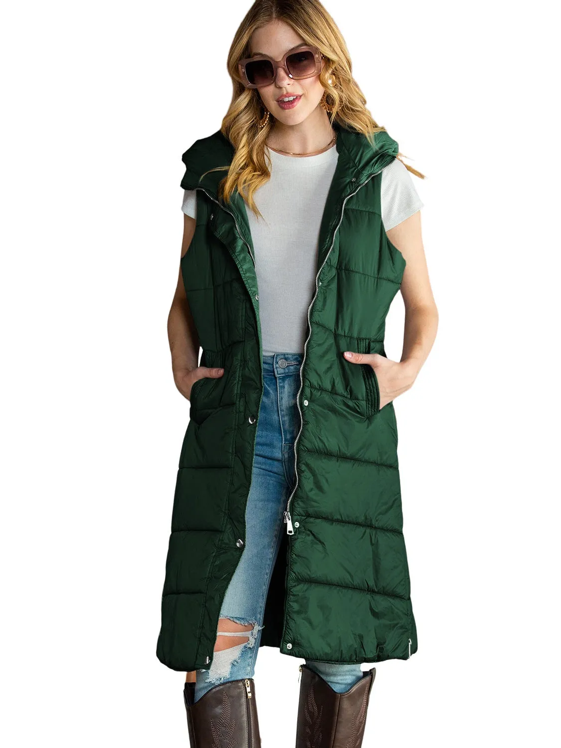 Green Hooded Pocketed Quilted Long Vest Coat