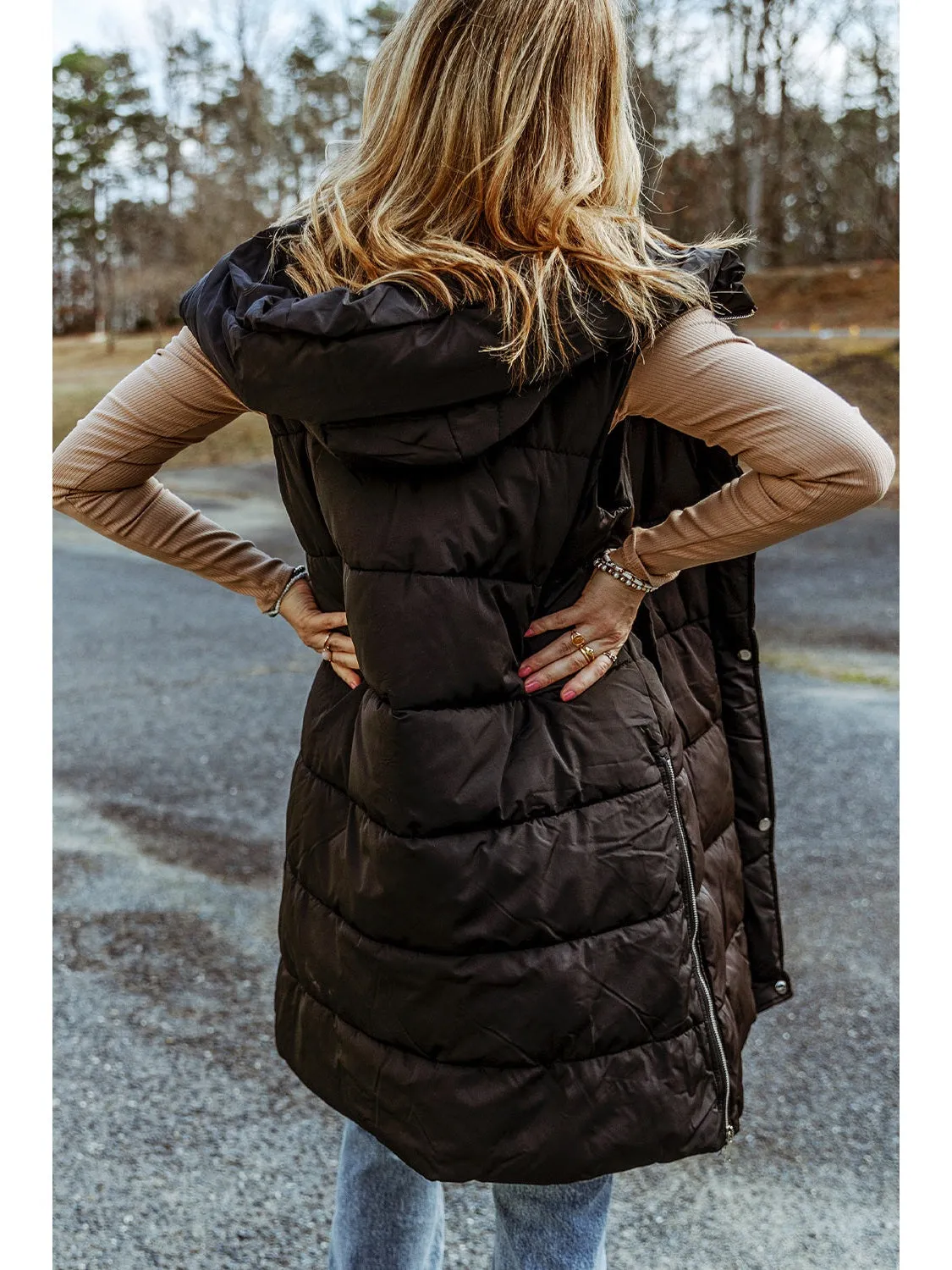 Green Hooded Pocketed Quilted Long Vest Coat