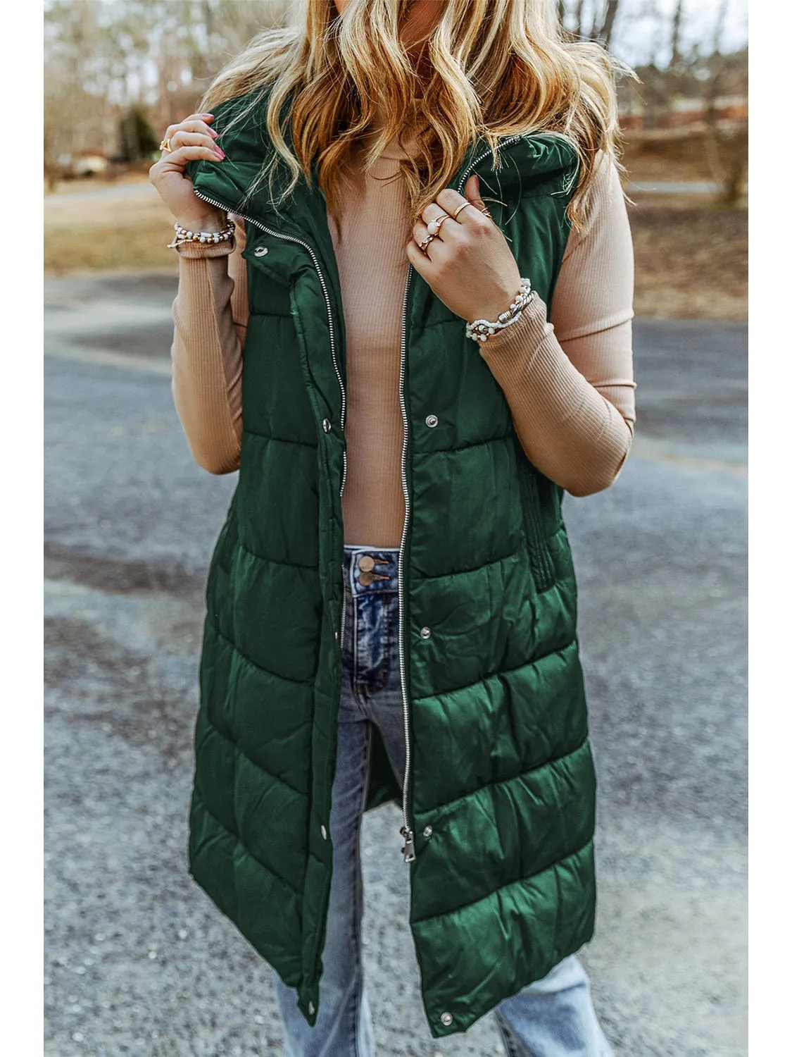 Green Hooded Pocketed Quilted Long Vest Coat