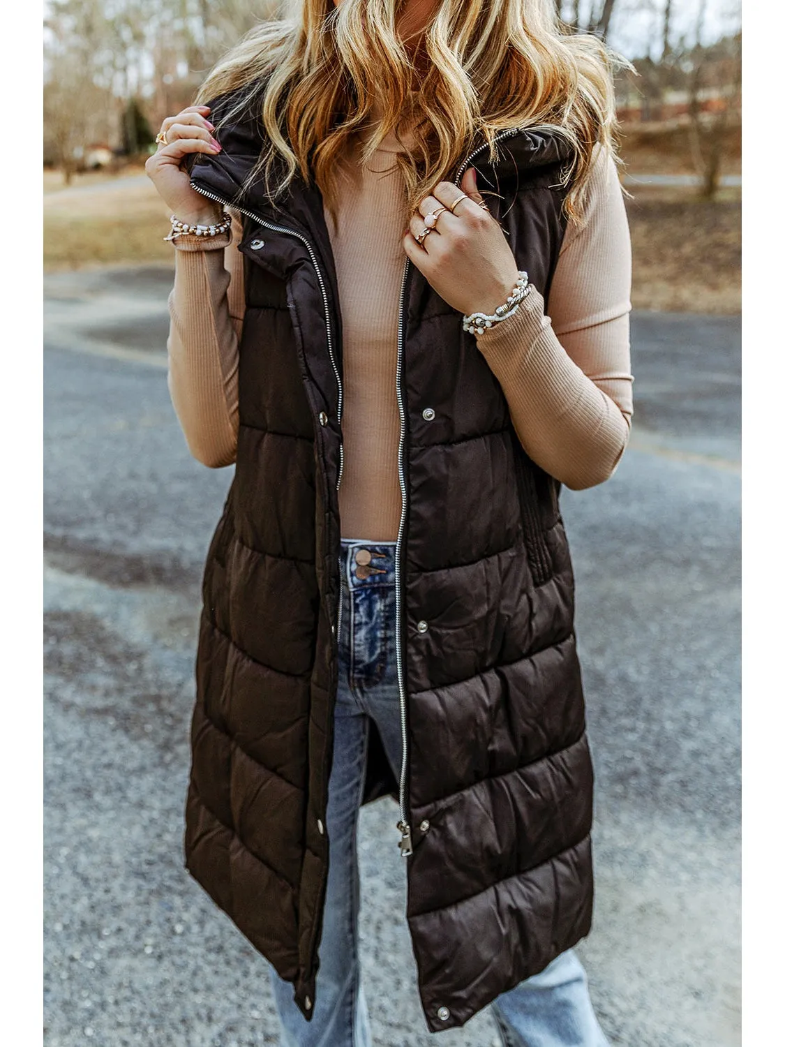 Green Hooded Pocketed Quilted Long Vest Coat