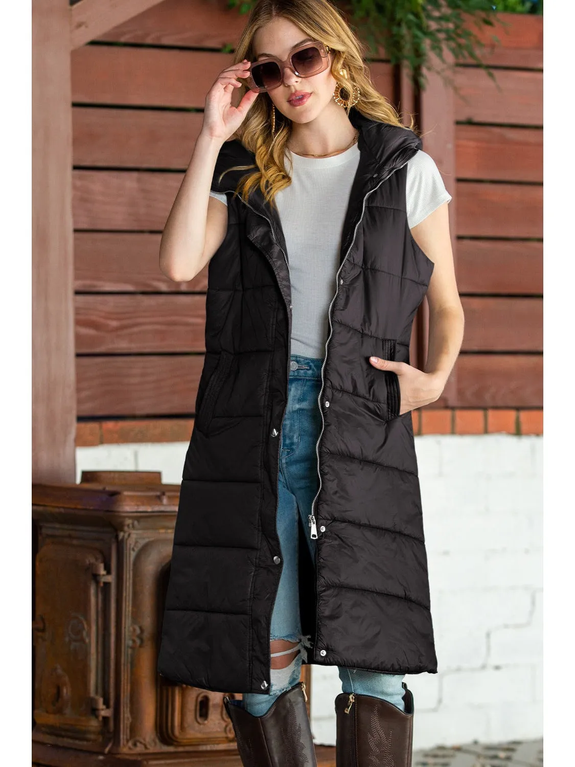 Green Hooded Pocketed Quilted Long Vest Coat