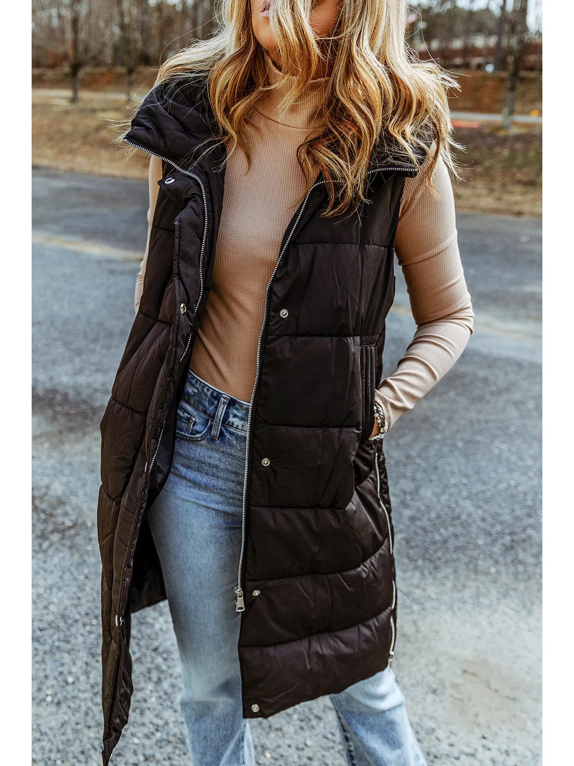 Green Hooded Pocketed Quilted Long Vest Coat