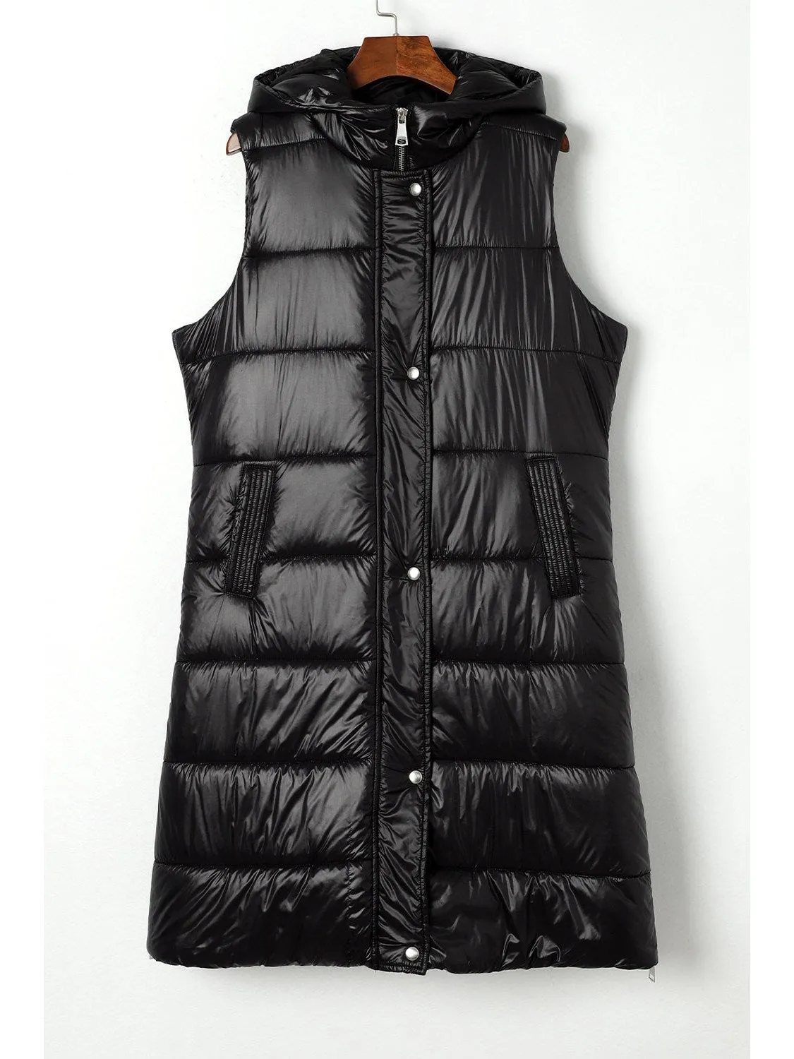 Green Hooded Pocketed Quilted Long Vest Coat