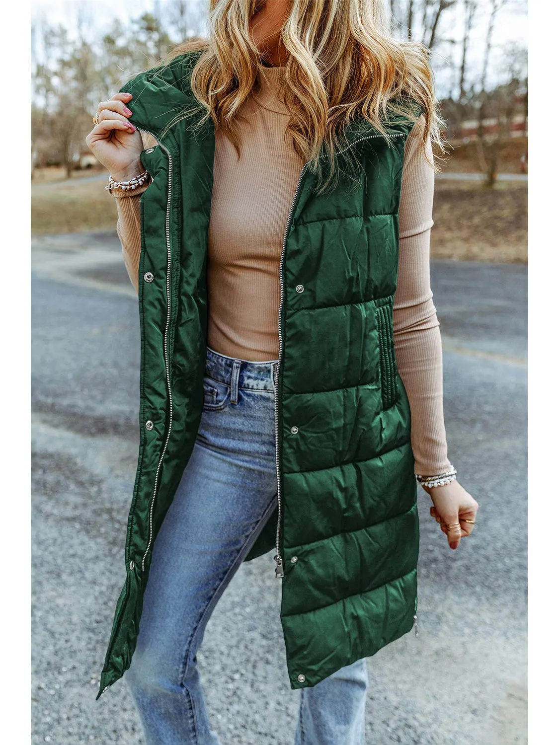Green Hooded Pocketed Quilted Long Vest Coat