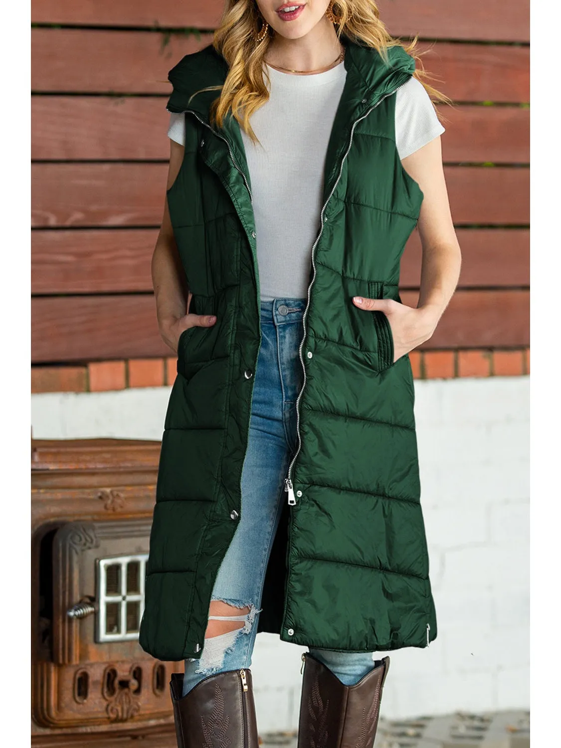 Green Hooded Pocketed Quilted Long Vest Coat