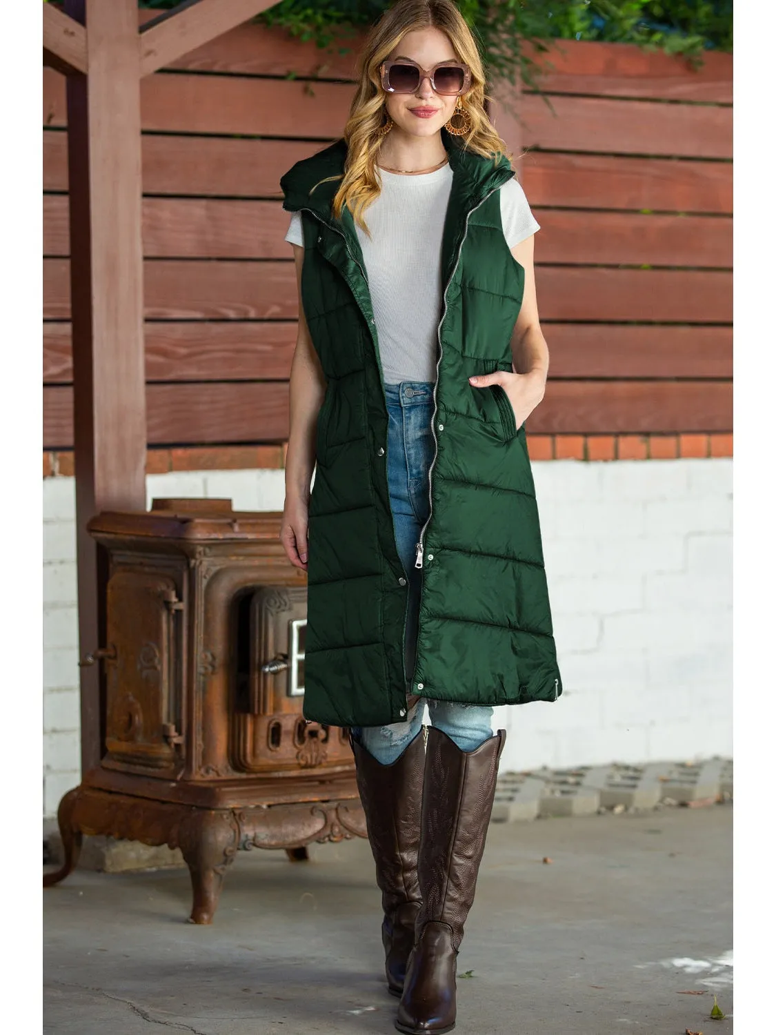Green Hooded Pocketed Quilted Long Vest Coat